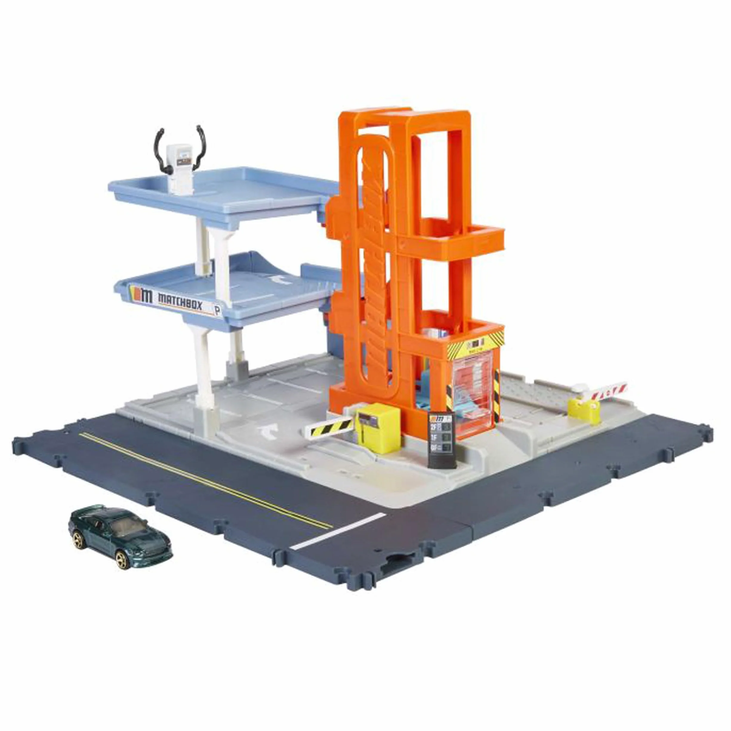 Matchbox Action Drivers Prawdziwe Przygody Garaż Zestaw do zabawy ze światełkami i dźwiękami + 1 pojazd, bramki aktywowane pojazdem, łączy się z innymi zestawami, od 3 roku życia, HBL60