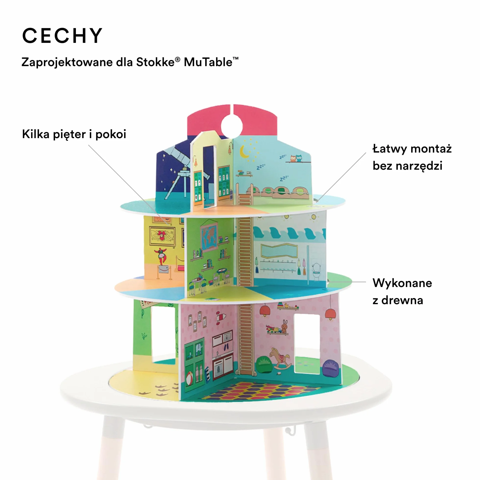 Domek do zabawy Stokke MuTable - nowy design 2023 r. - zawiera plac zabaw, dom rodzinny, muzeum i przedszkole - wykonany z drewna, montaż bez użycia śrub - dla dzieci w wieku 3+ lat