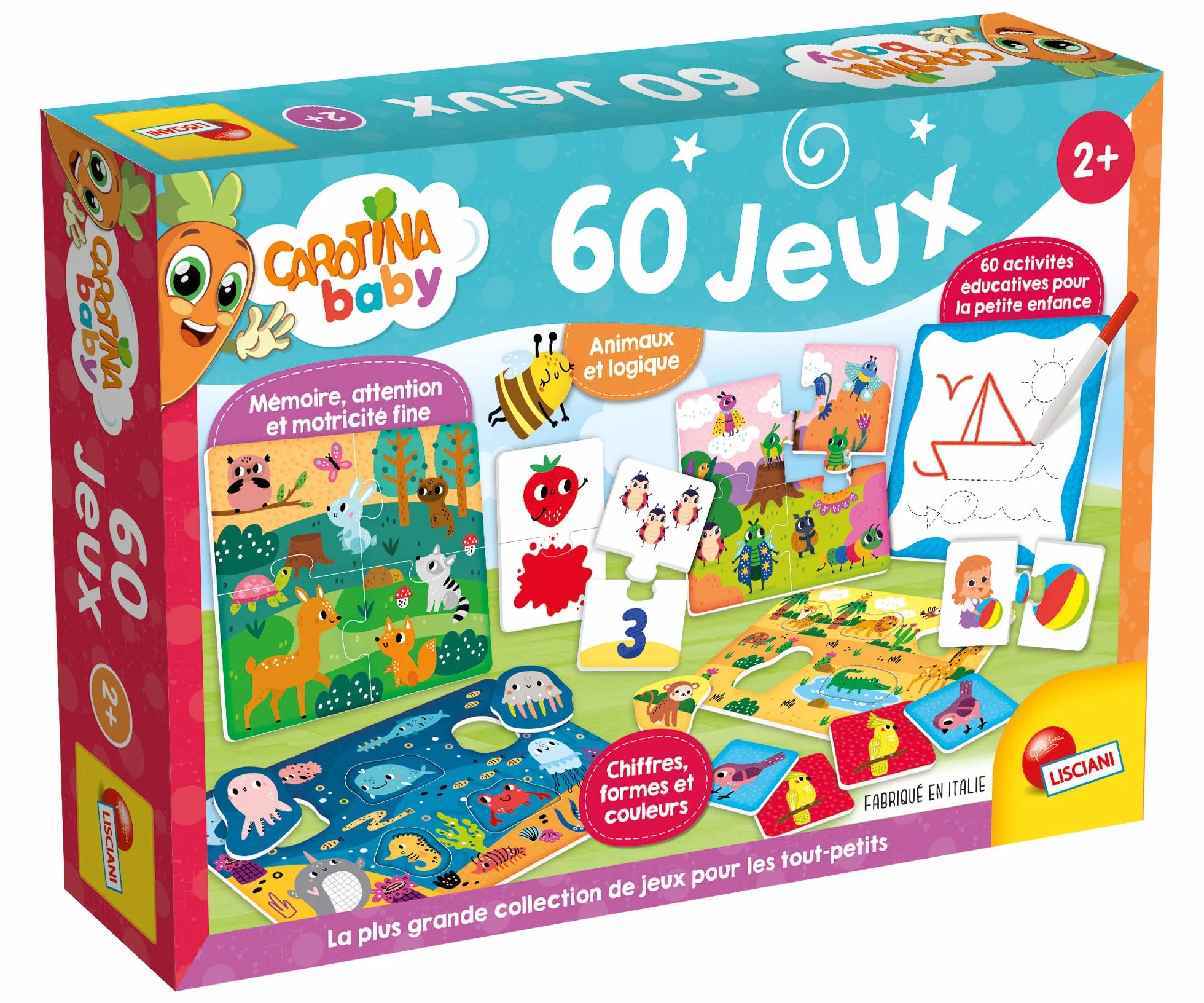 Lisciani - Carotina Baby - Pakiet 60 gier - Zajęcia edukacyjne dla dzieci od 2 lat - Bingo, Puzzle, logiczne skojarzenia, notatki, zestawy do rysowania - Puzzle edukacyjne - Nauka i zabawa