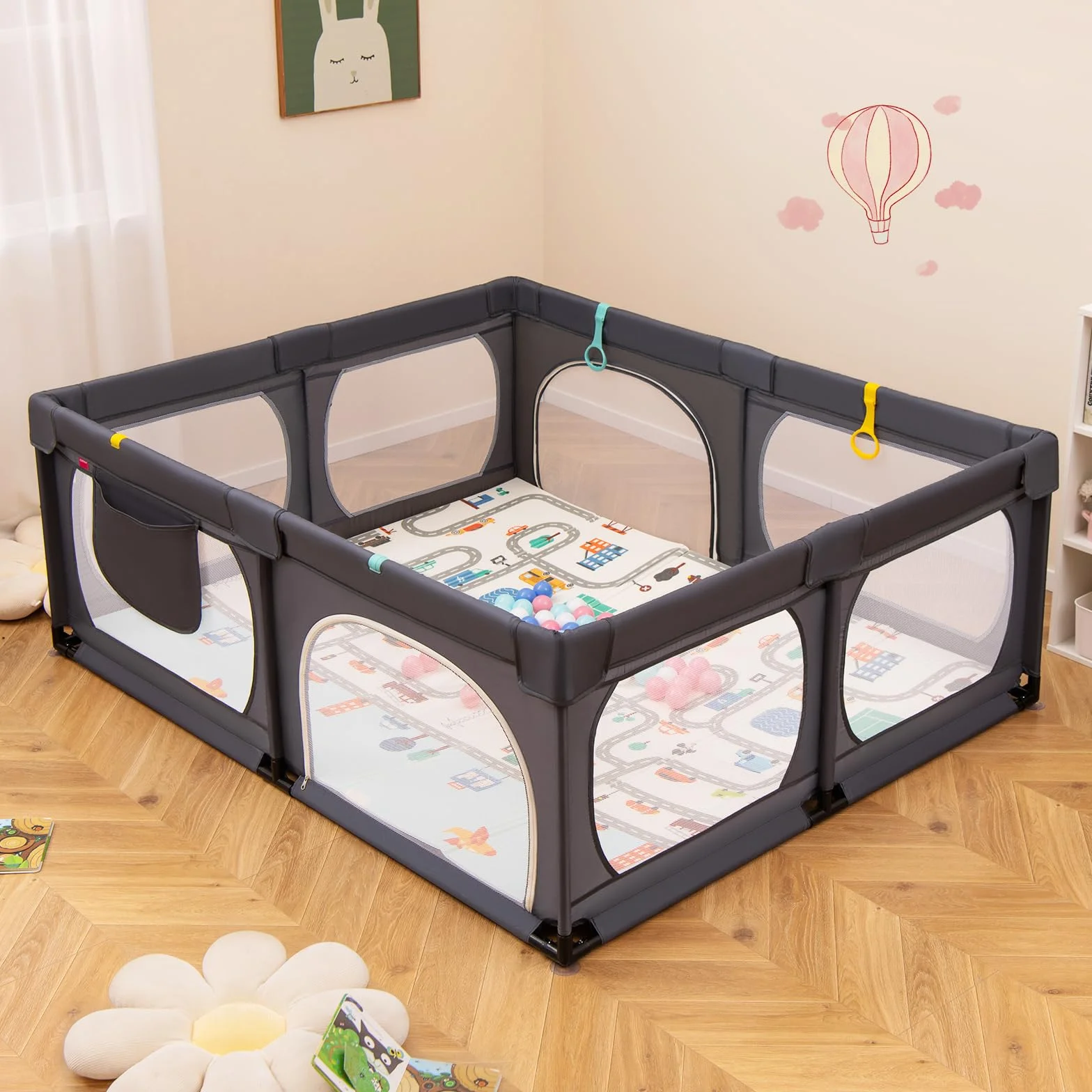 COSTWAY Kojec dla niemowląt składany z materacem 189 x 158 cm, kojec dla dzieci z 50 piłkami do zabawy i 4 uchwytami, kojec do raczkowania, namiot z oddychającą siatką dla małych dzieci (ciemnoszary)