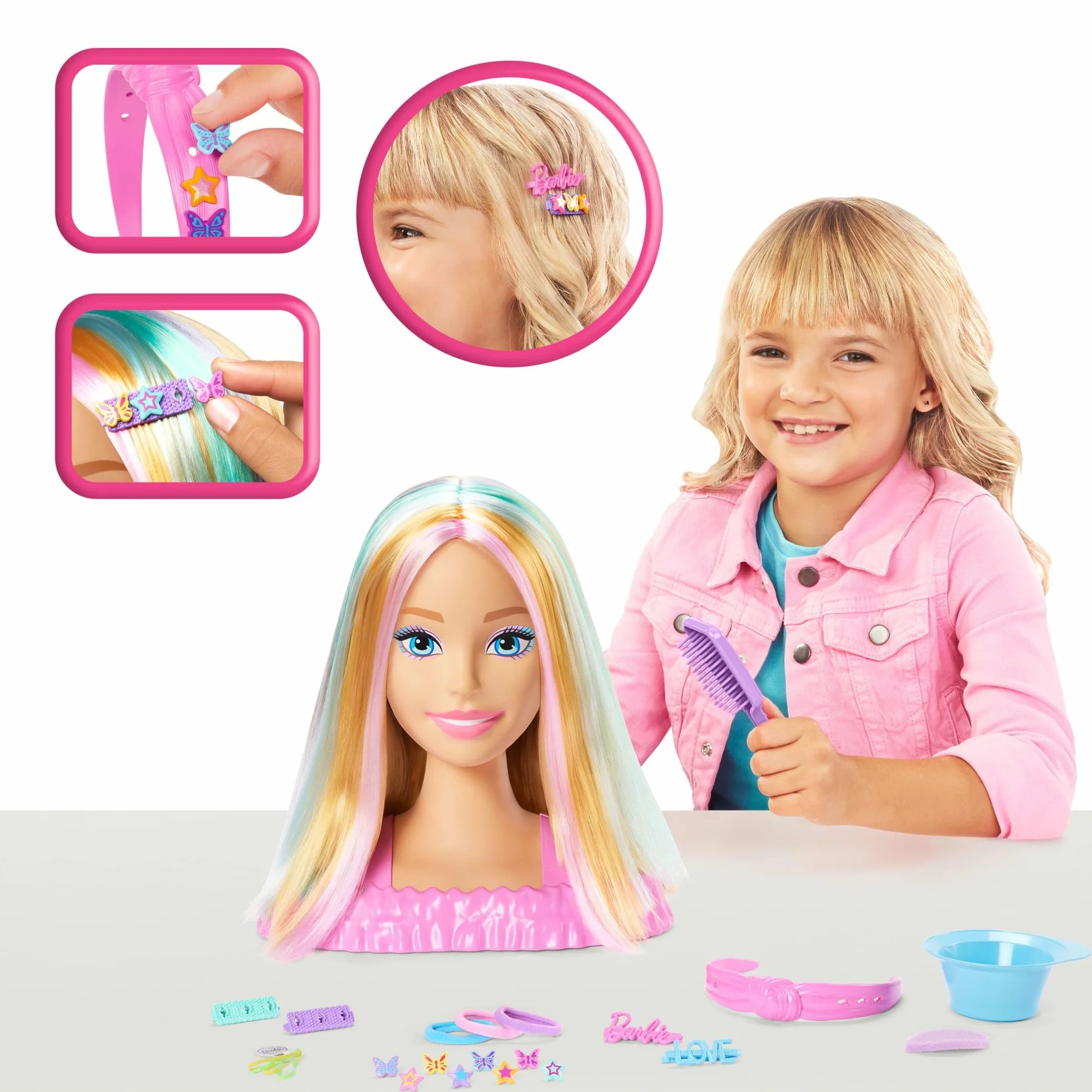 Barbie Głowa do stylizacji z blond włosami i ponad 20 akcesoriami, w tym gwiazdkowymi i motylkowymi przypinkami zmieniającymi kolor, JFG81