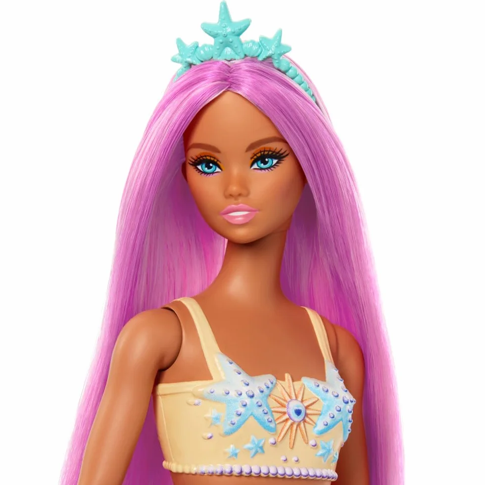 Barbie Mermaid Doll with Pink Fantasy Hair and Headband Accessory, Toy with Starfish-Inspired Bodice and Soft Orange Tail, HRR05