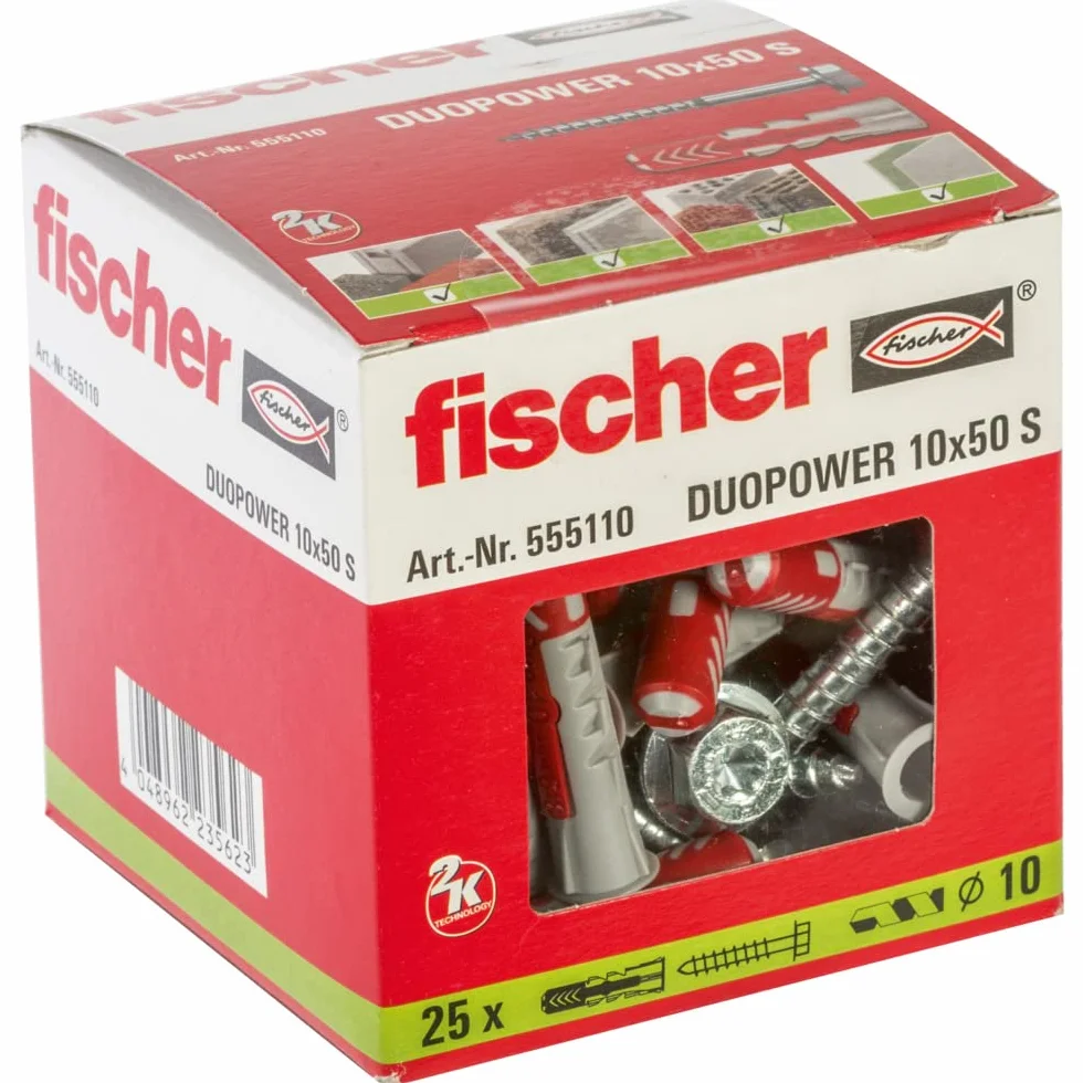 fischer 555110 DUOPOWER Wtyczka ścienna i śruba, czerwono-szara, 10 x 50 mm, zestaw 25 sztuk