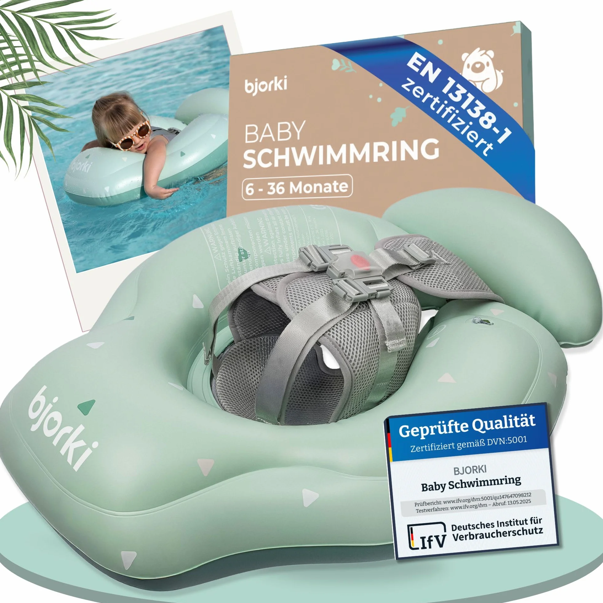 BJORKI® Koło do pływania dla niemowląt 6-36 miesięcy, stabilne, bezpieczne, pozycja 40°