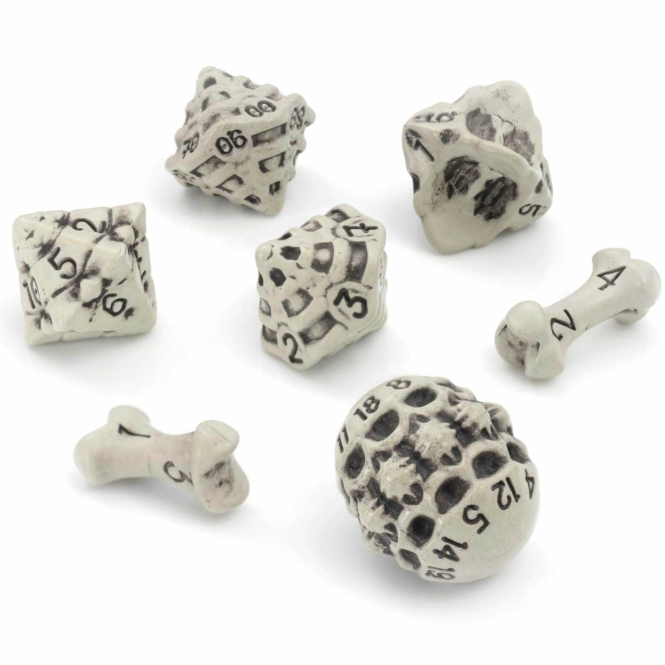 Zestaw Kości DND - Zestaw 7 Wielościennych Kości RPG Czaszka i Kości / Skull & Bone Dice Set - D20, D12,%D10, D10, D8, D6 i D4. Prezent dla Fanów Dungeons & Dragons, Pathfinder, D&D Akcesoria (Białe)