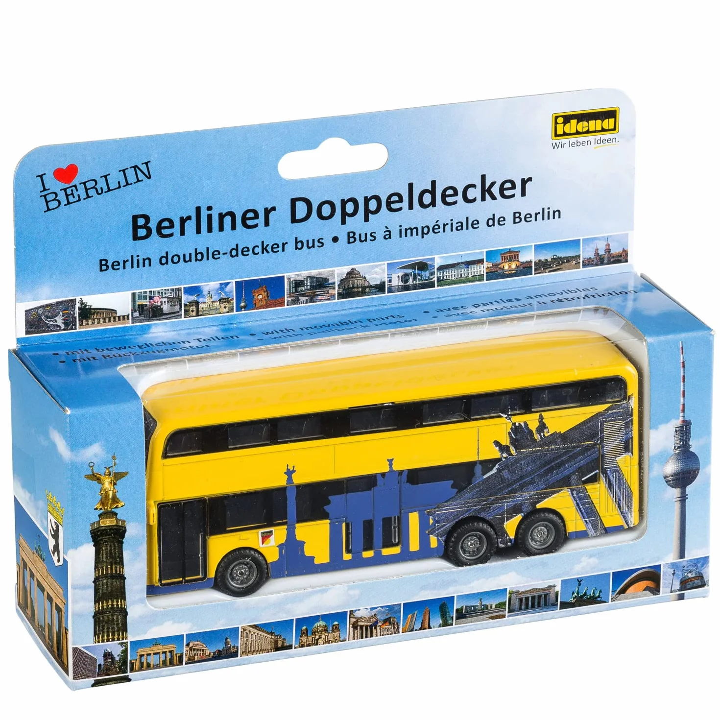 Idena 40107 model autobusu berlińskiego dwupokładowego z silnikiem cofania 18,5x13,5x4,5 cm żółty zabawka pamiątka kolekcjonerski
