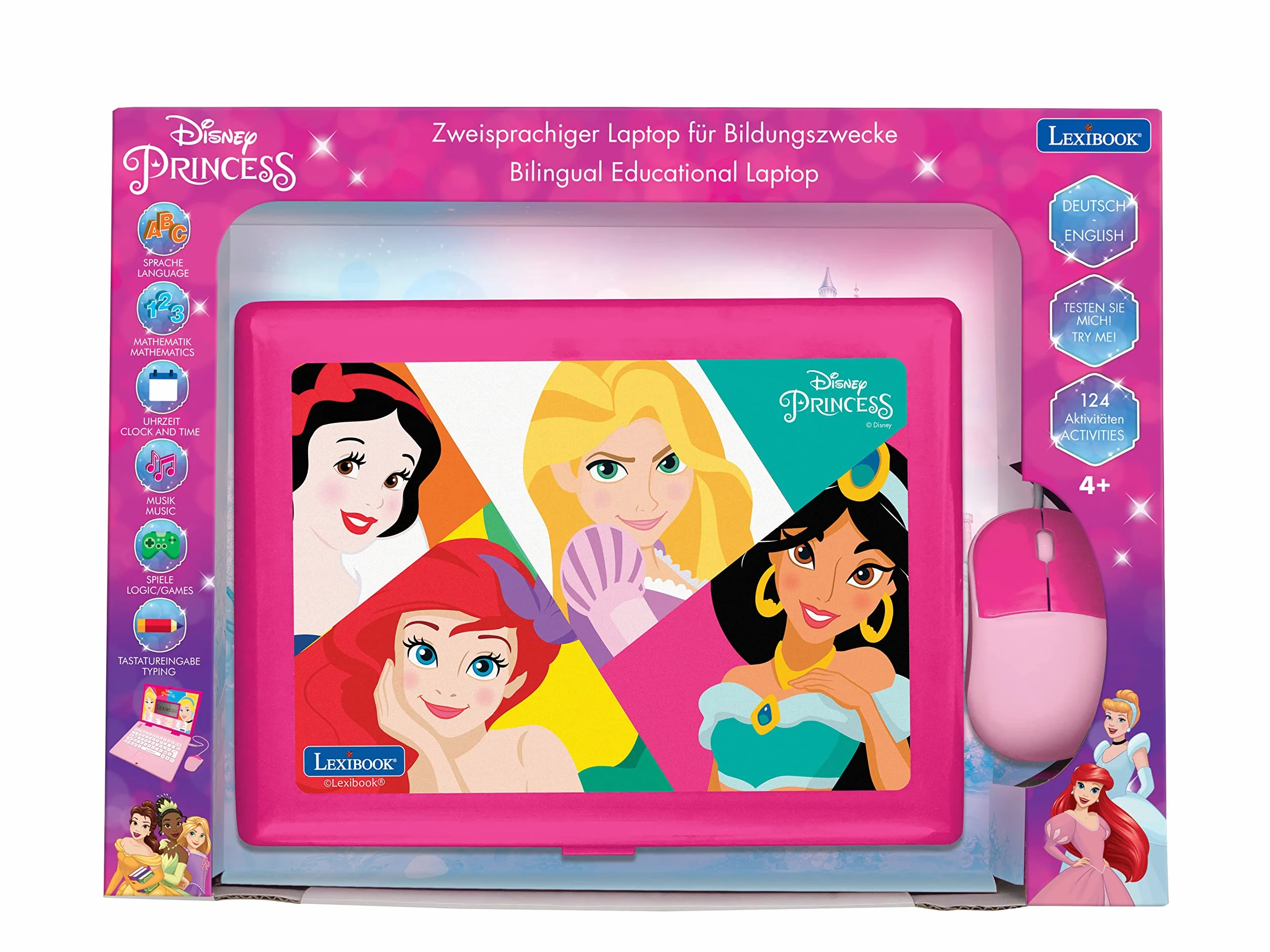 Lexibook, Disney Princess, edukacyjny i dwujęzyczny laptop, niemiecki/angielski, zabawka dla dziewcząt z 124 aktywnościami do nauki, grania w gry i muzykę, różowy, JC598DPi3
