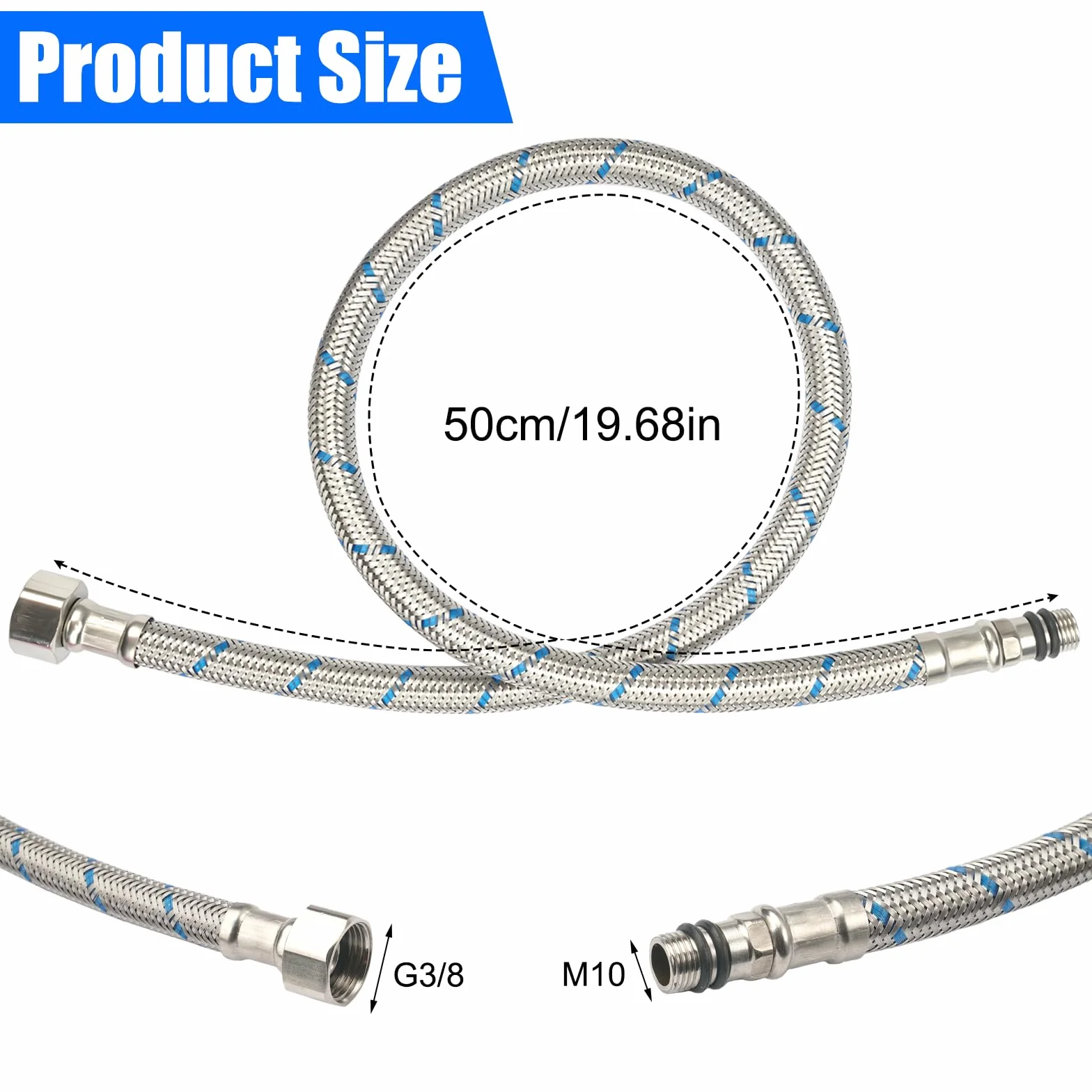 Wąż Przyłączeniowy G3/8 X M10 - Elastyczne Przedłużenie Kranowe 50 cm - Pancerny ze Stali Nierdzewnej z Taśmą Uszczelniającą, 2 Sztuki