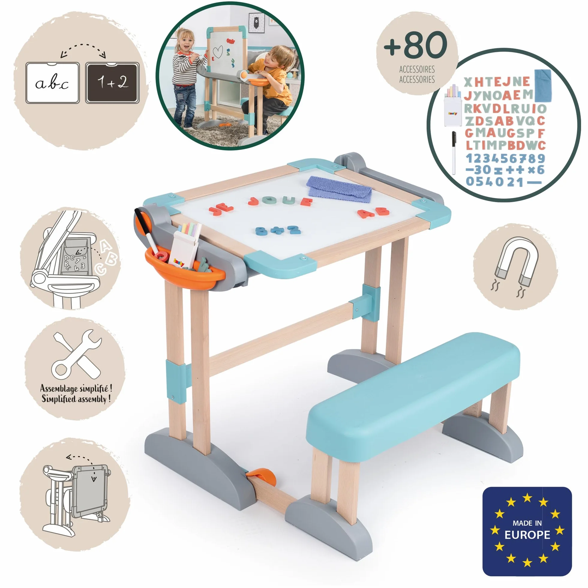 Smoby Biurko Modulo Space z możliwością przekształcenia w tablicę, drewno i plastik, składane, 80 akcesoriów, od 3 lat