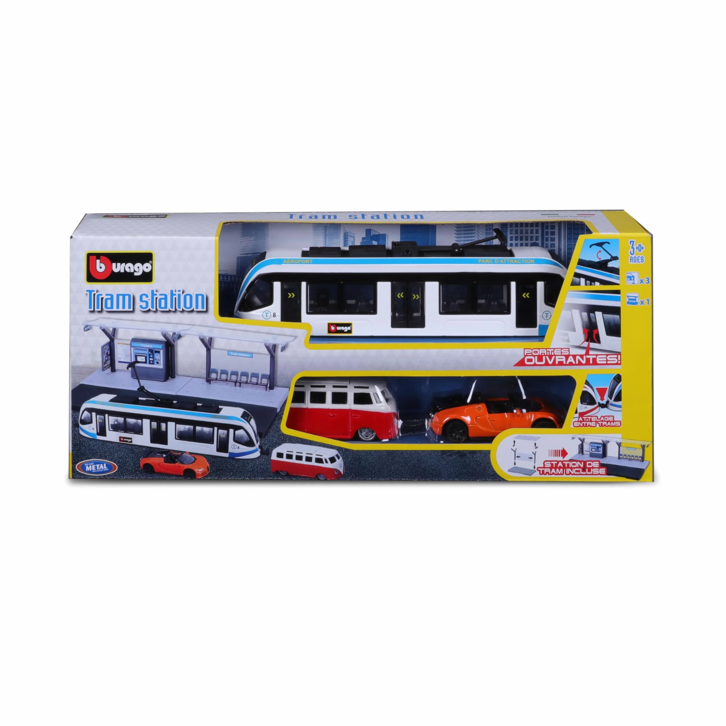Bburago - Playset Public Transport w skali 1/64 - autobus, tramwaj, stacja + 2 pojazdy - Zabawka edukacyjna dla dzieci - modele losowe - Rozwija wyobraźnię i kreatywność