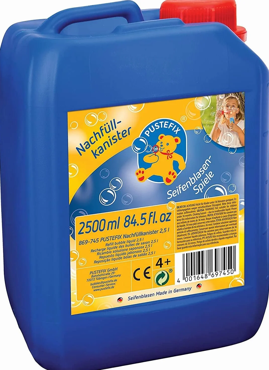 PUSTEFIX - 420869745 kanister do uzupełniania baniek mydlanych o pojemności 2,5 litra, płyn do zabawy z bąbelkami dla dzieci i dorosłych