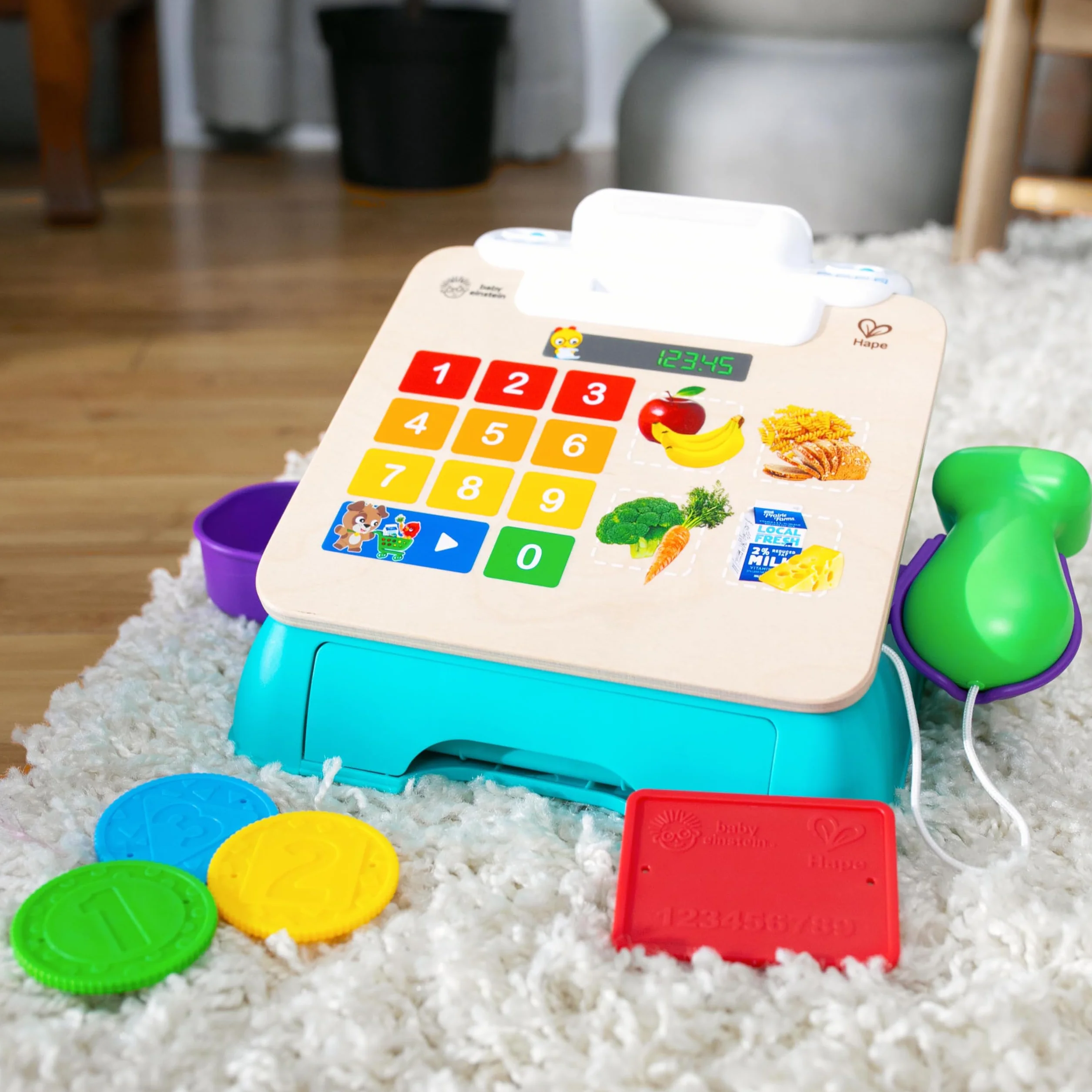 Baby Einstein + Hape Magic Touch Cash Register Pretend to Check Out Toy, z prawdziwymi dźwiękami i muzyką, dla dzieci w wieku od 9 miesięcy