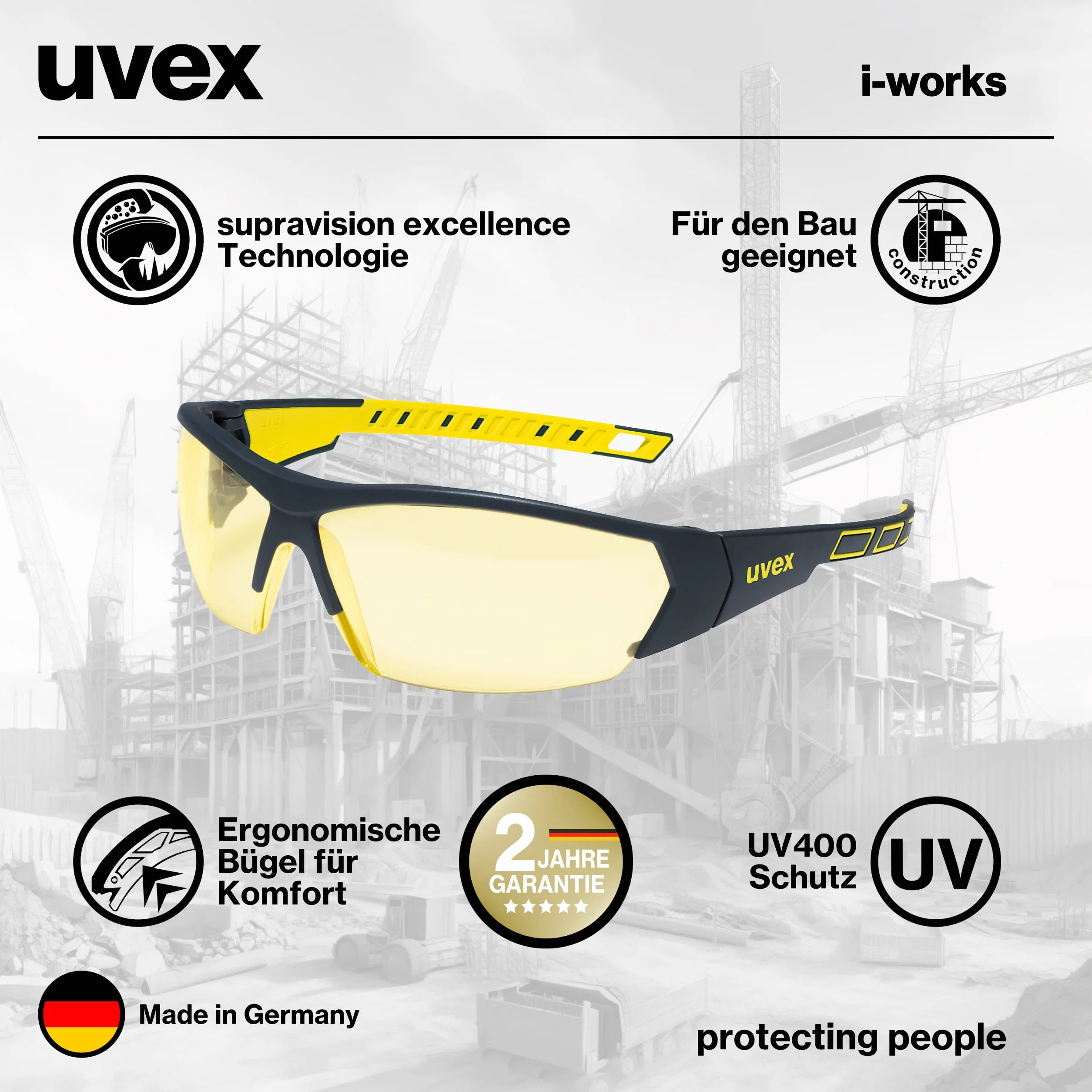 Uvex i-works okulary ochronne, ochronne z technologi? supravision excellence, odporne na zarysowania i zaparowanie, ochrona UV400, czarno-?ó?te/bursztynowe