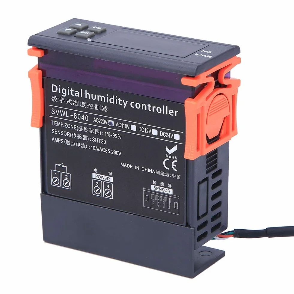 Regulator Wilgotności SVWL Regulator Wilgotności, Kontroler 8040 Higrostat 220V LED Cyfrowy Miernik Kontroli Wilgotności Powietrza z sondą Czujnika Temperatury 1% do 99%