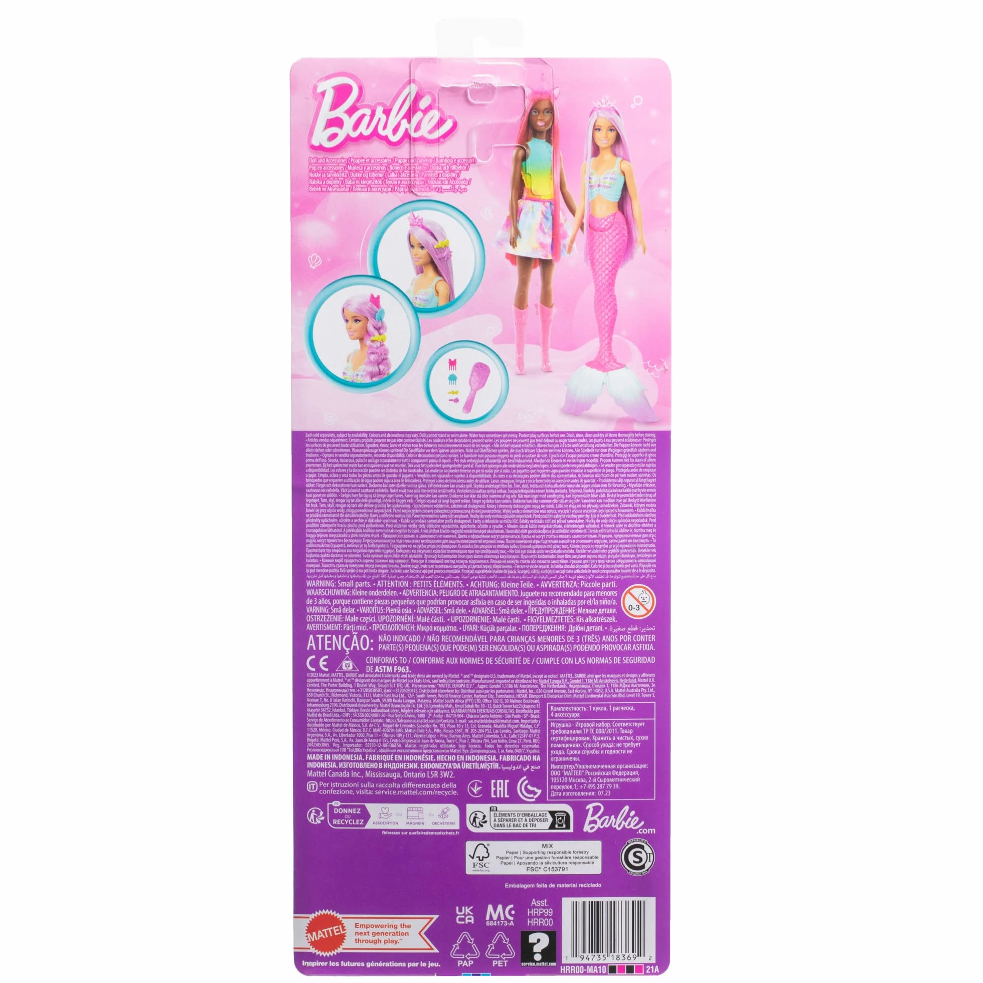 Barbie Syrenka Lalka Długie włosy (pastelowy róż, prawie 18 cm długości) + kolorowe akcesoria do stylizacji, takie jak opaska i spinki do włosów, HRR00
