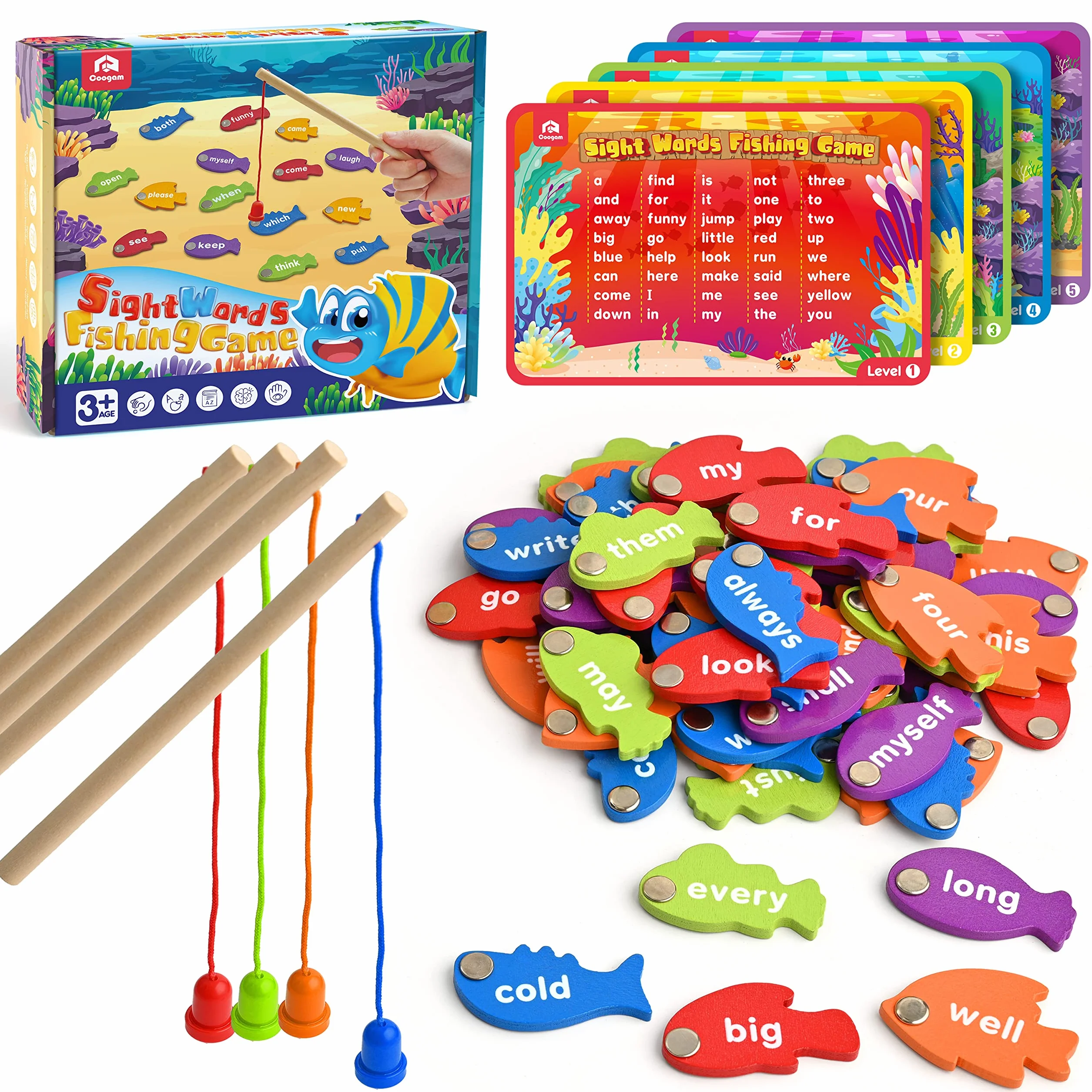 Coogam, drewniany wędkarz magnetyczny, gra słów, nauka Dolch, rozpoznawanie słów, zabawka przedszkolna Montessori, 3, 4, 5 lat