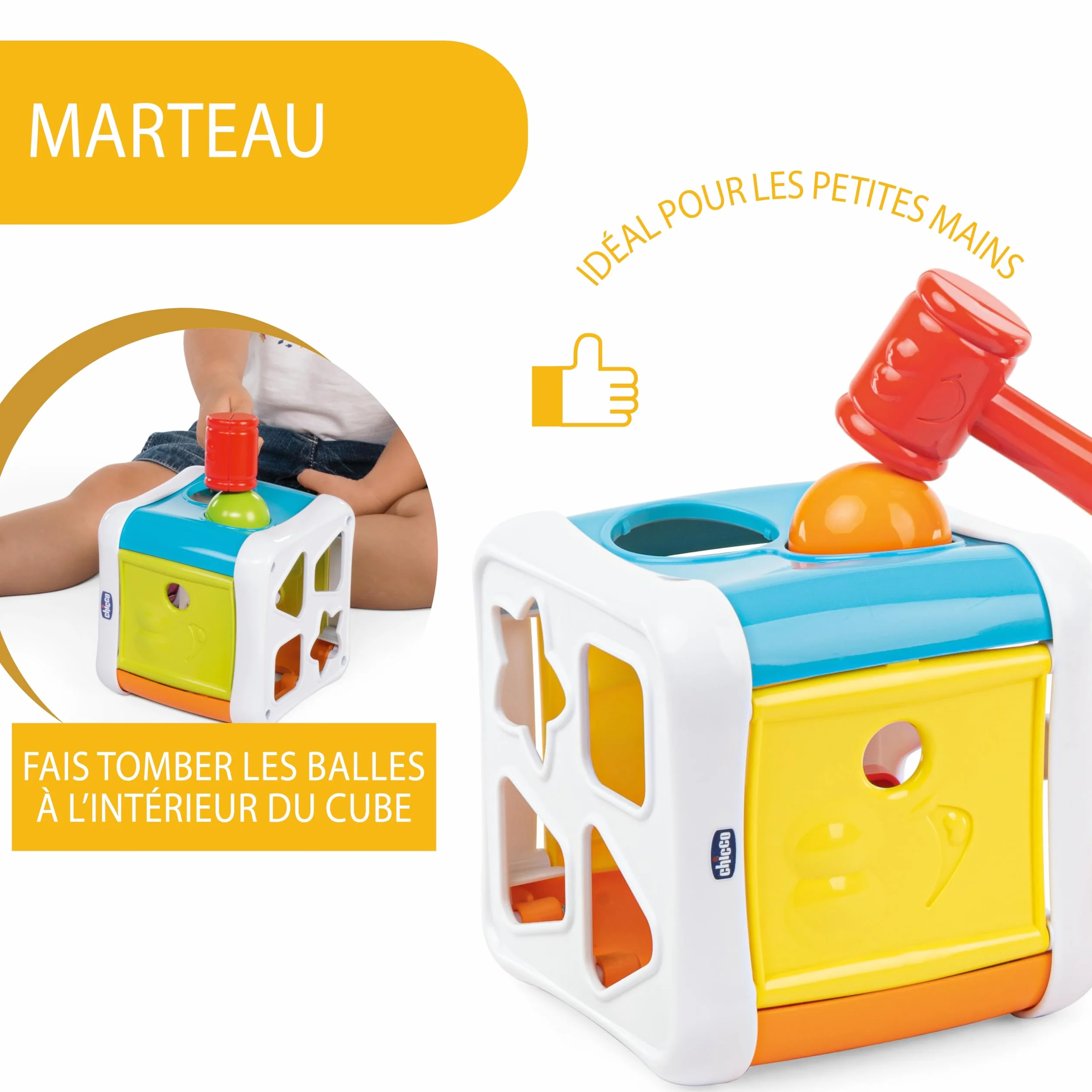 Chicco Przebijanka i Sorter 2w1, Gra Edukacyjna dla dzieci 10 miesięcy, 3 lata, z 4 Geometrycznymi Kształtami, 2 Kulami i Zabawkowym Młotkiem, Wielofunkcyjna