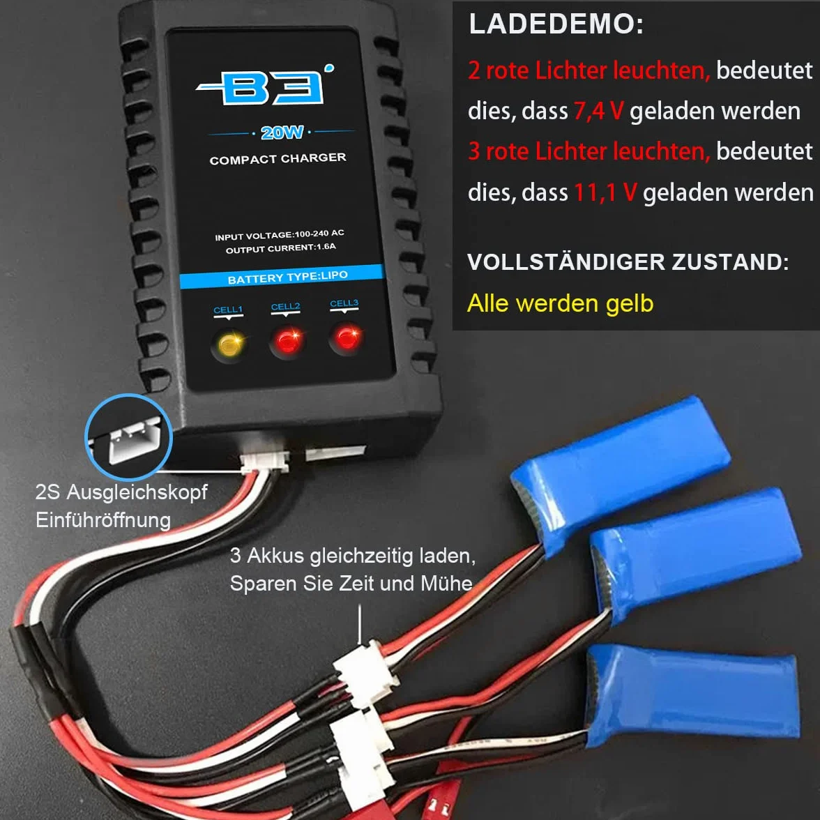 Cargador de batería B3 Lipo 2S-3S 7.4V-11.1V 100-240V para RC