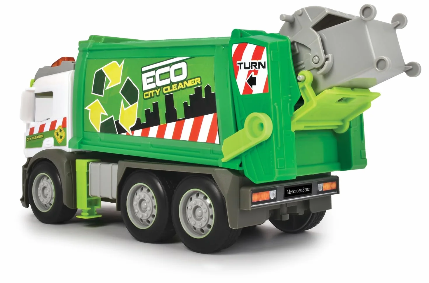 Dickie Toys 203745014 CITY Śmieciarka Mercedes z ruchomym koszem z dźwiękiem i światłem ostrzegawczym, funkcja załadunku i rozładunku, auto zabawkowe dla dzieci od 3 lat, 26 cm