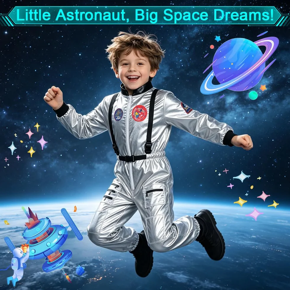 Kostium astronauta dla dzieci srebrny kosmiczny na karnawał Halloween Cosplay 3-12 lat