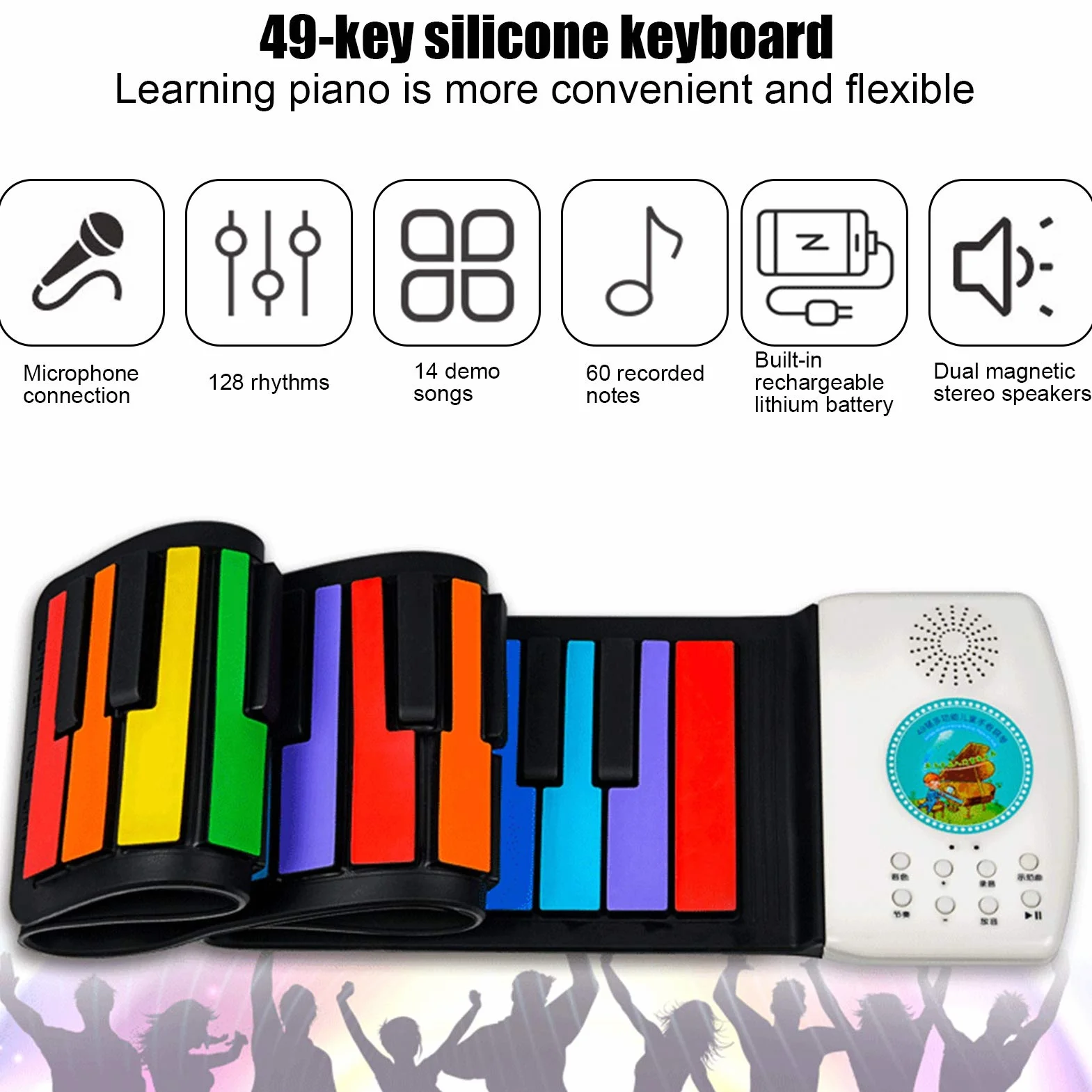 Roll Up Piano, Silikonowe 49 Klawiszy Roll Up Piano Rainbow Color Ręcznie Rolowane Klawiatury Fortepianowe Świąteczny Urodzinowy