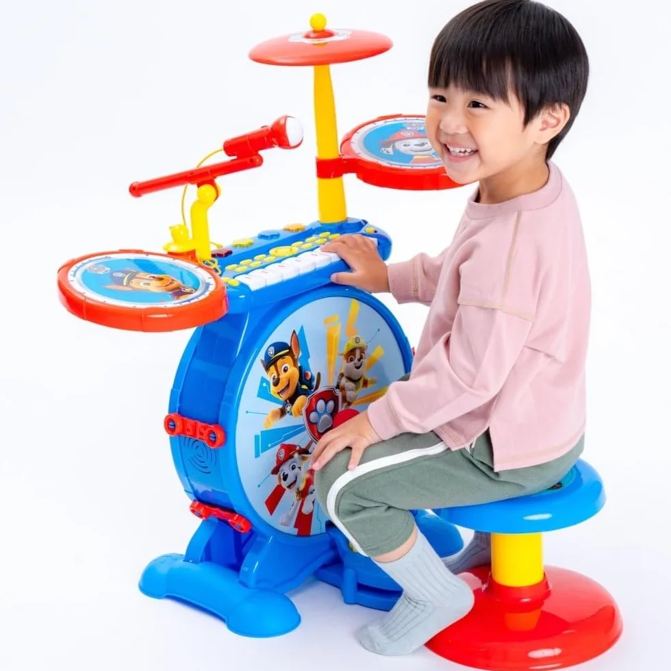 Lexibook K610PA Paw Patrol Chase Elektroniczny Zestaw dla Dzieci, Muzyczna Zabawka, Realistyczny Dźwięk Perkusji, 8-Klawiszowa Klawiatura, Wtyczka Mp3, Siedzisko w Zestawie, Niebieski, Czerwony