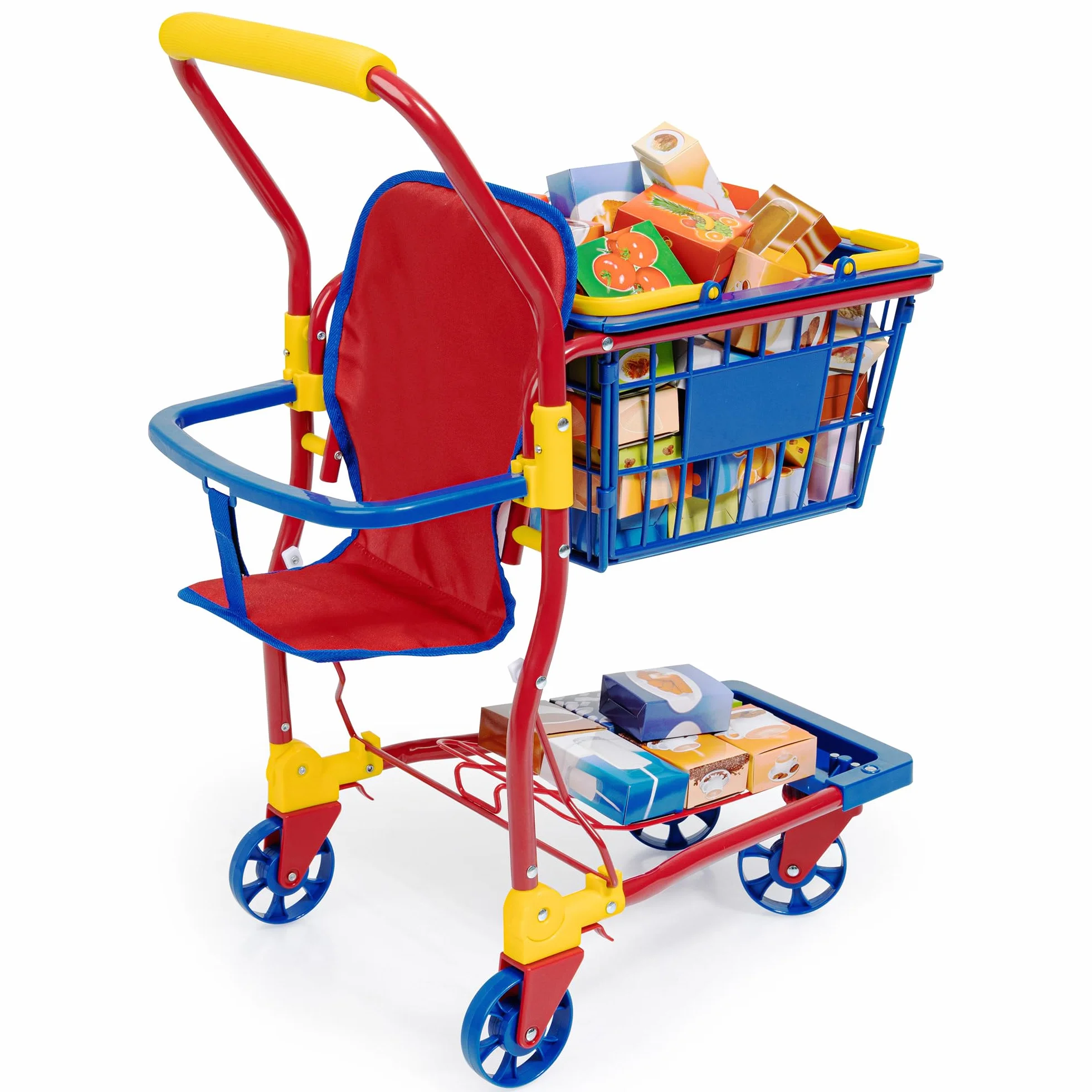 Bayer Design 75003AA supermarket koszyk maluch, Wózek na zakupy z zawartością, pudełkami na żywność, kolorowy