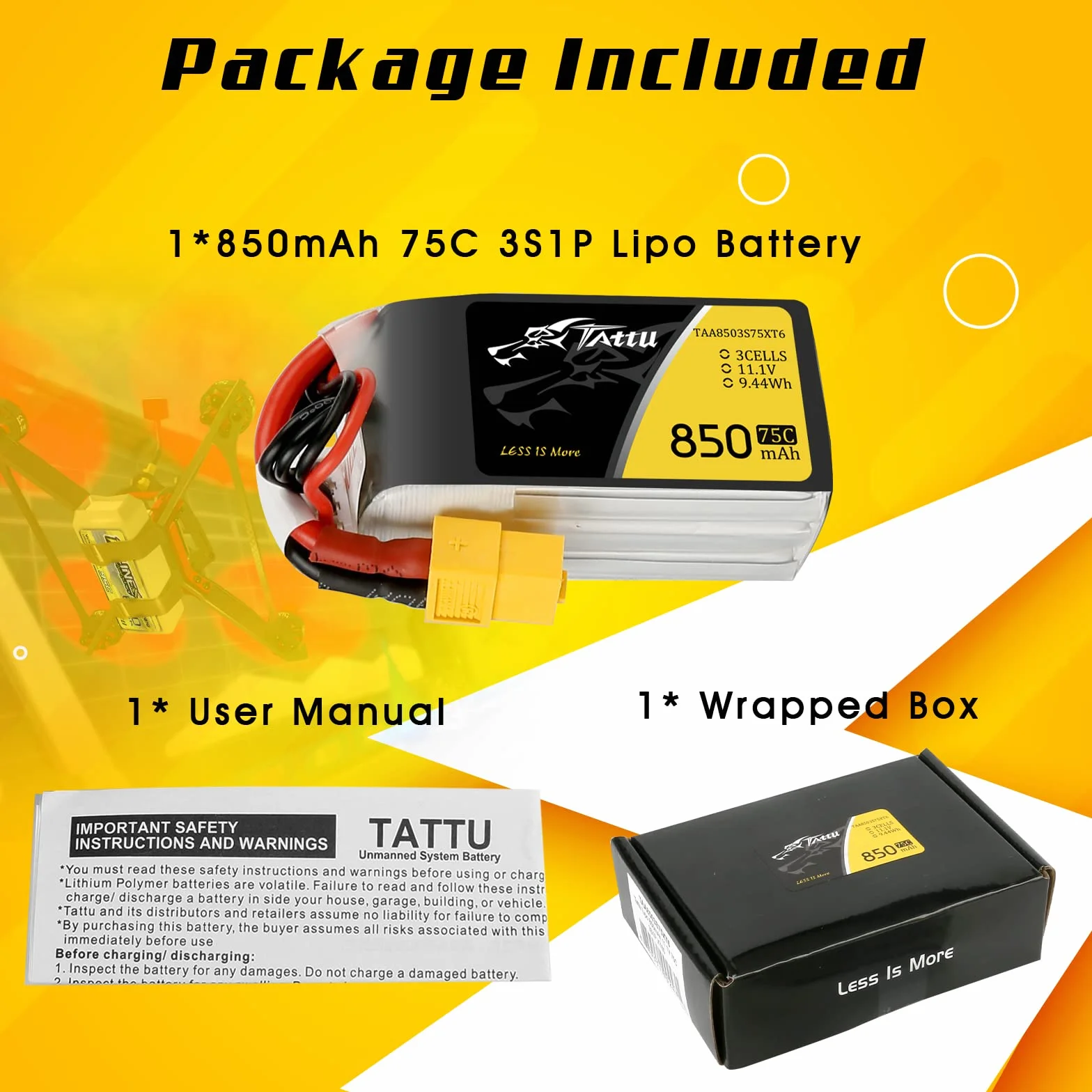 Tattu 3S 850 mAh 11,1 V 75C 3S1P Lipo akumulator z wtyczką XT60 do FPV Racing Quadrocopter 150 180 rozmiar
