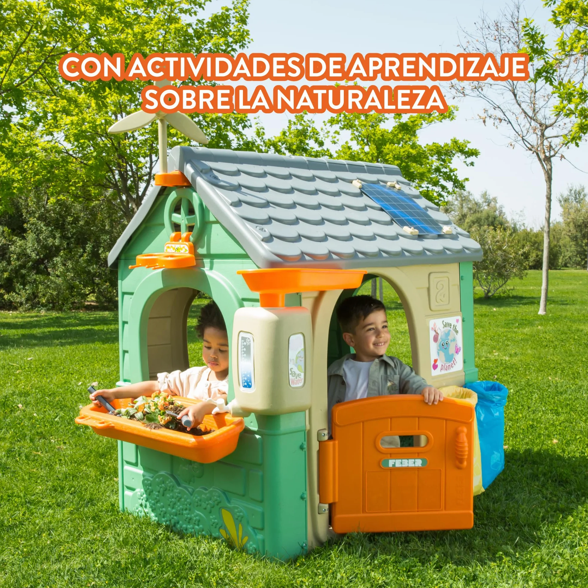 FEBER - Recycle Eco House, domek dziecięcy wykonany z tworzywa sztucznego z recyklingu, drzwi składane, jasne i odporne na światło słoneczne kolory, łatwy montaż, od 3 lat, słynny (FEH26000)