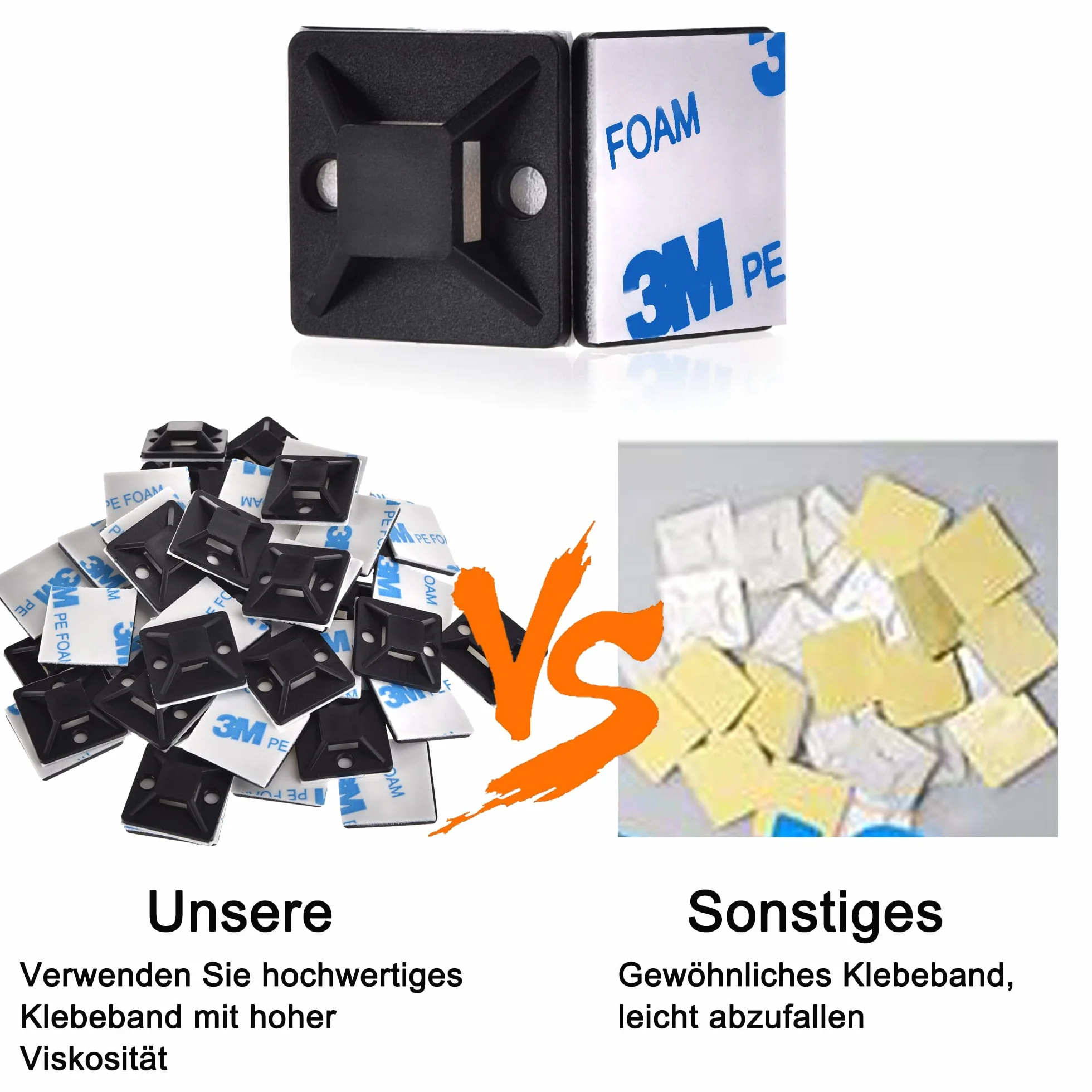 Zestaw 200 sztuk opasek kablowych, czarne, 100 mm/150 mm i 100 sztuk samoprzylepnych uchwytów kablowych 25 mm x 25 mm, zaciski kablowe do efektywnego zarządzania kablami i bezpiecznego
