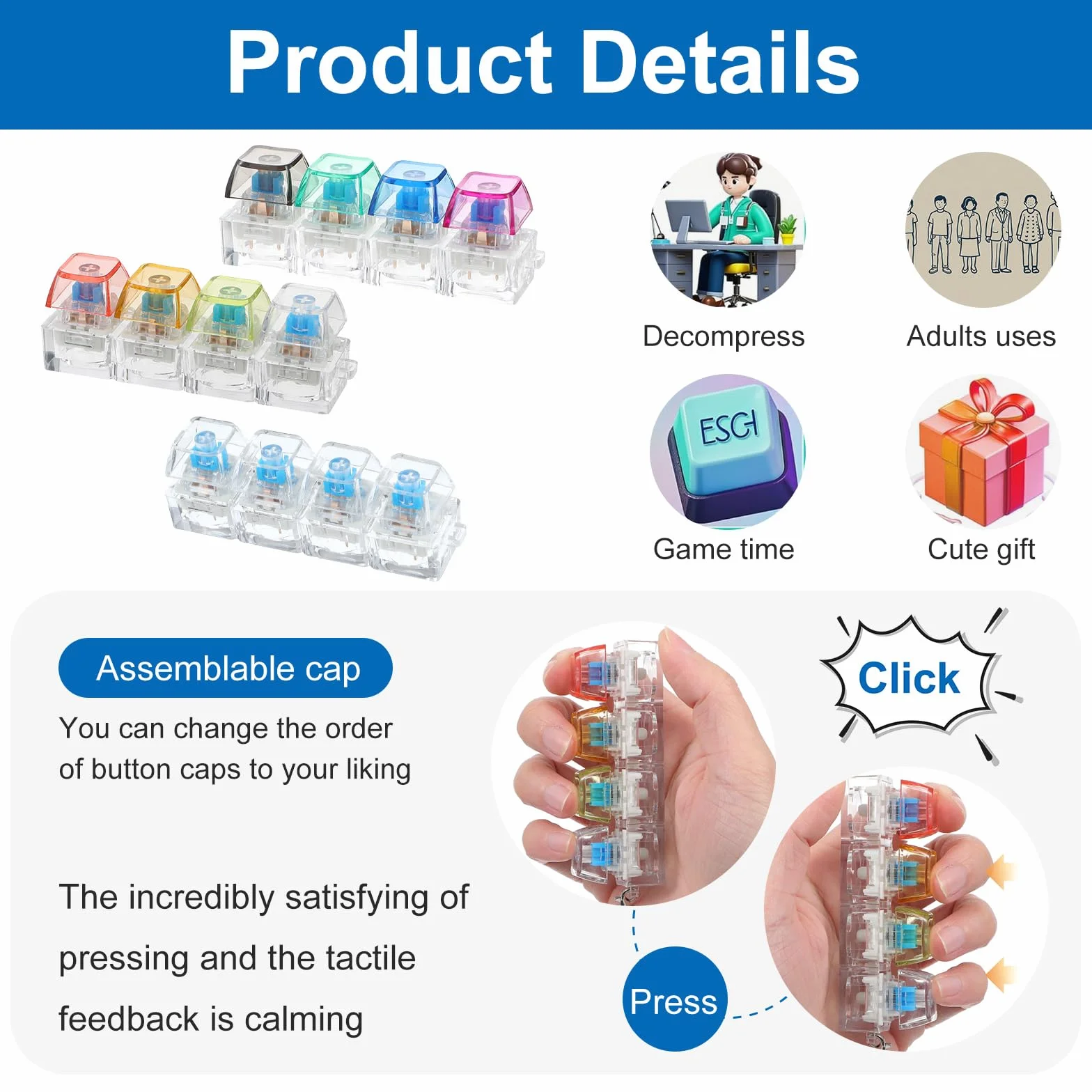 Klawiatura Fidget Toy, Klawiatura Fidget Brelok 4 w 1, Klawiatury dekompresyjne, przycisk zatrzaskowy, sensoryczna, zabawa, przycisk, antystres, prezenty łagodzące stres dla dorosłych, 3 szt