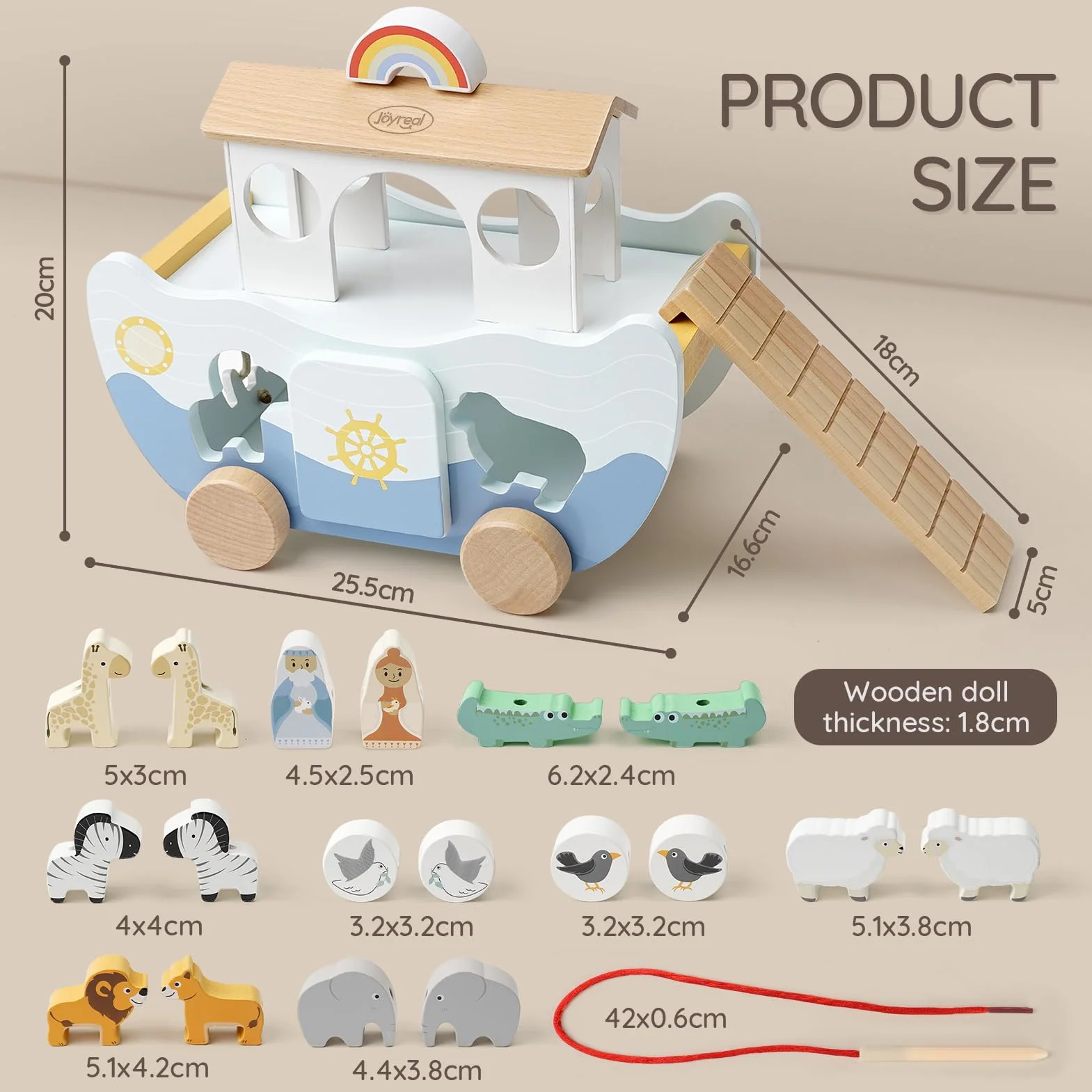 Joyreal Arka Noego Wood - Prezenty na chrzest, Zabawki Montessori dla niemowląt, Gry Edukacyjne Sorter Kształtu, Zabawki Stackable, Prezent Dziewczyna Chłopiec