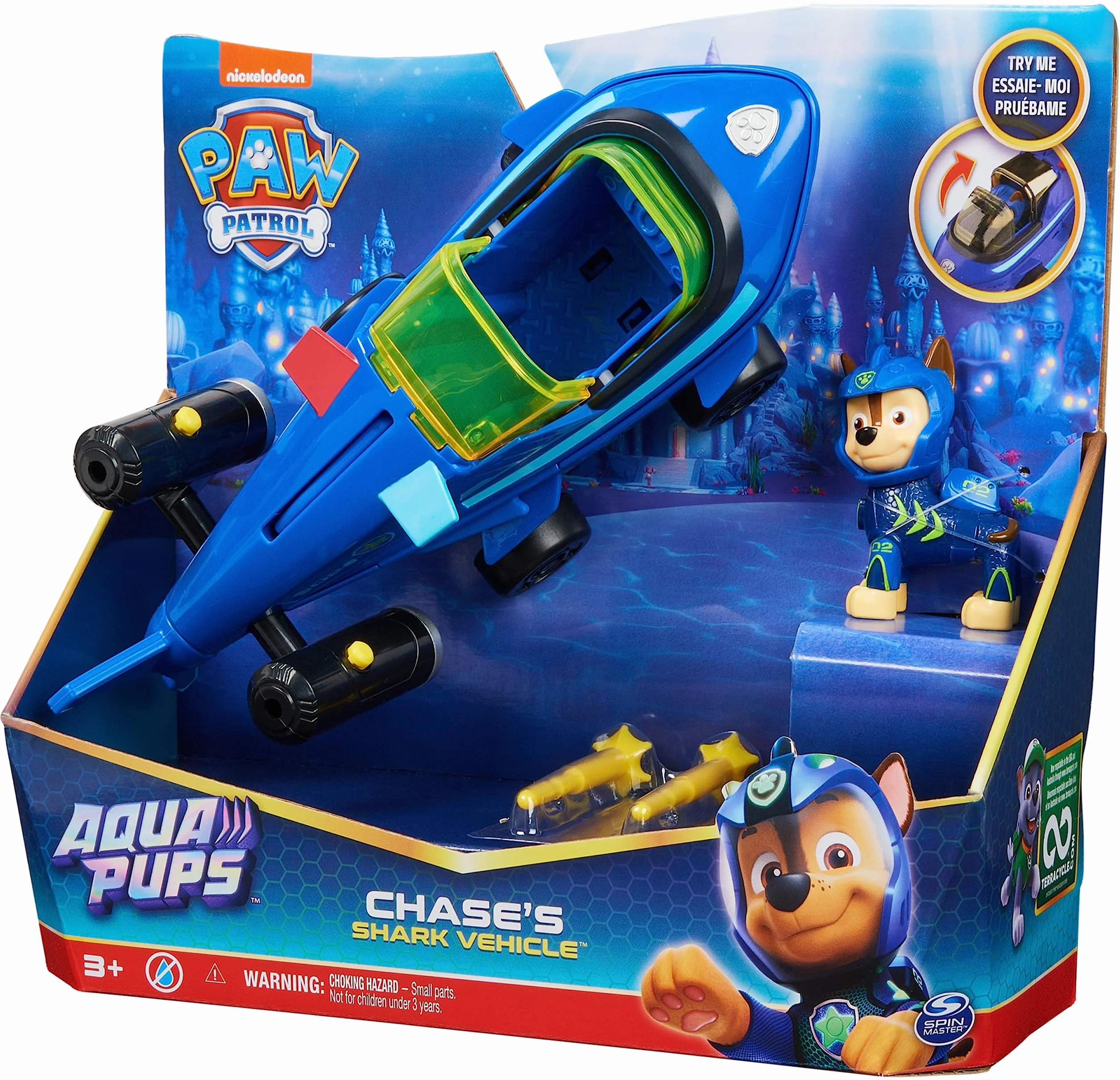 Paw Patrol Chase Aqua Pups Transformujący Pojazd z Rekinem, Niebieski, od 3 lat