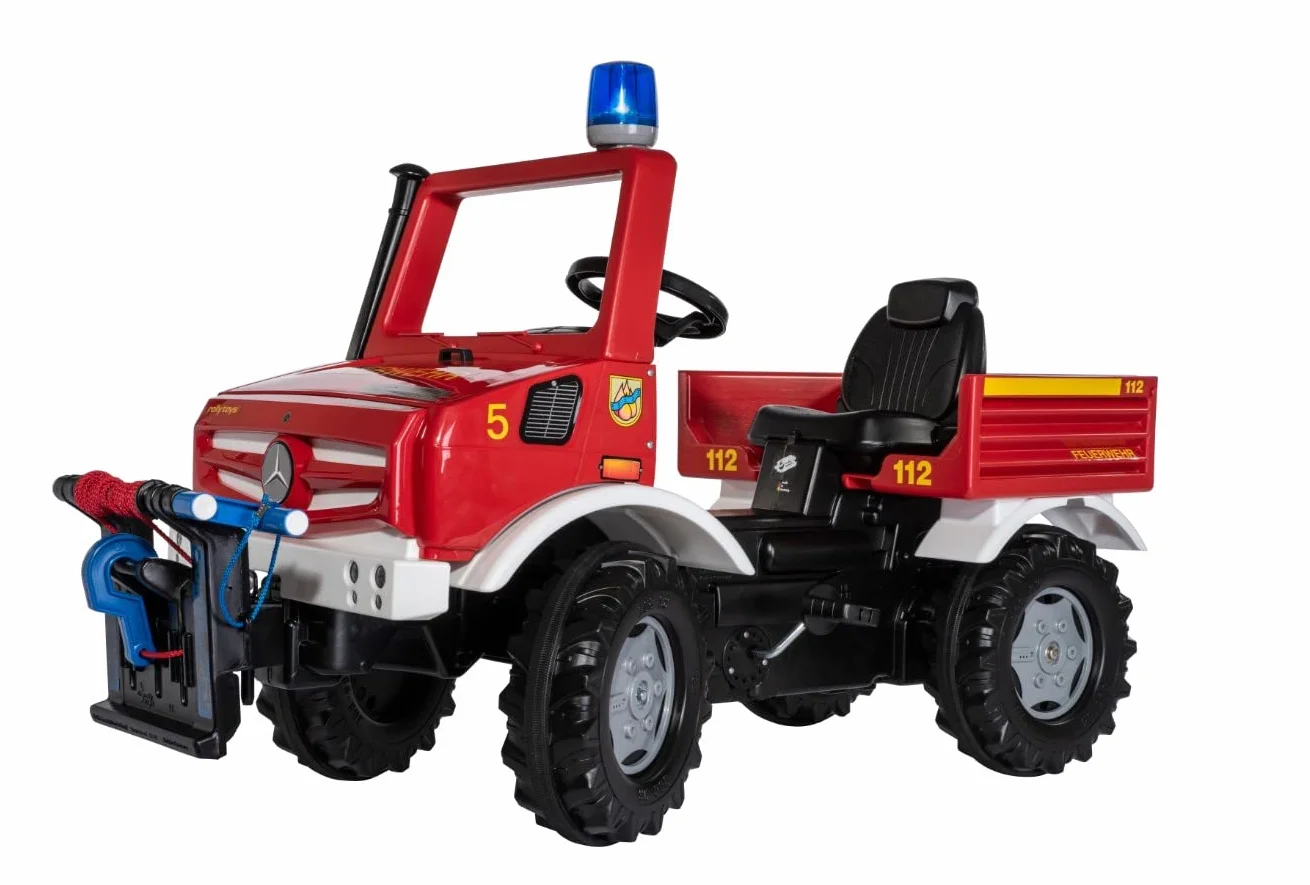 Rolly Toys 38299 rollyUnimog straż pożarna Unimog z wciągarką linową rollyPowerwinch (Pojazd z pedałem dla dzieci, regulacja siedziska, cicha opona, hak przedni i tylny, samochód strażacky), czerwony