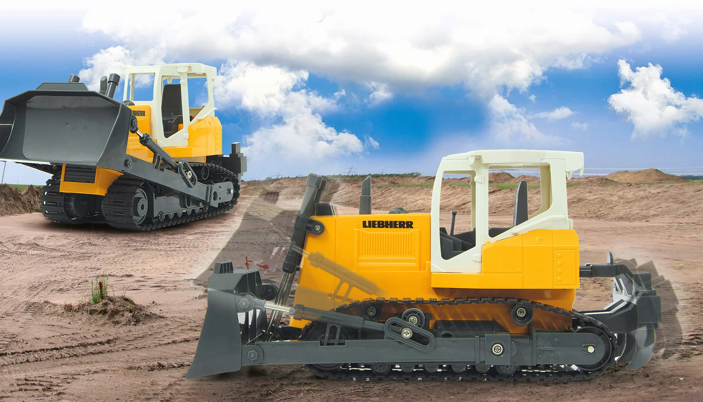 Gąsienica planierska Liebherr 1:20 2,4 GHz – programowalne funkcje, realistyczny dźwięk silnika (z możliwością wyłączenia), łopatka podnoszenie/opuszczanie, wertykulator w górę/w dół (ręczny)