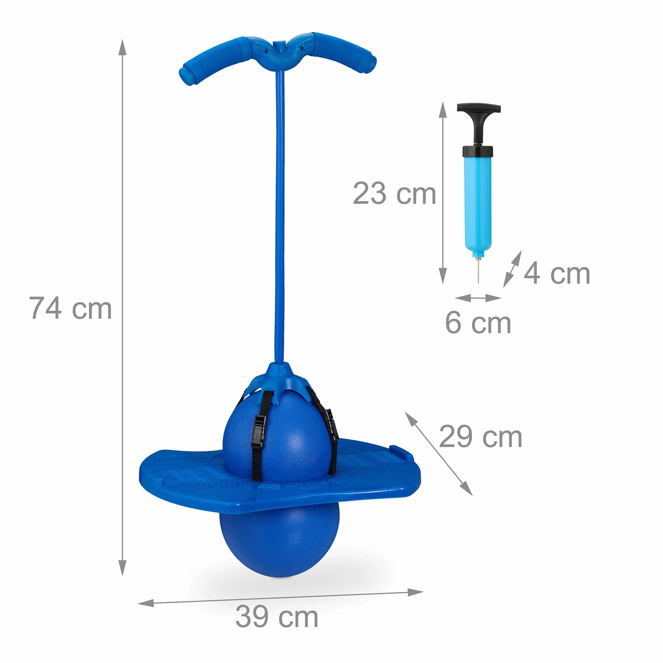 Relaxdays piłka pogo dla dzieci, do 100 kg, z piłką, uchwytami, zabawkami na świeżym powietrzu, HBD: ok. 74 x 39 x 29 cm, laska do skakania, niebieska