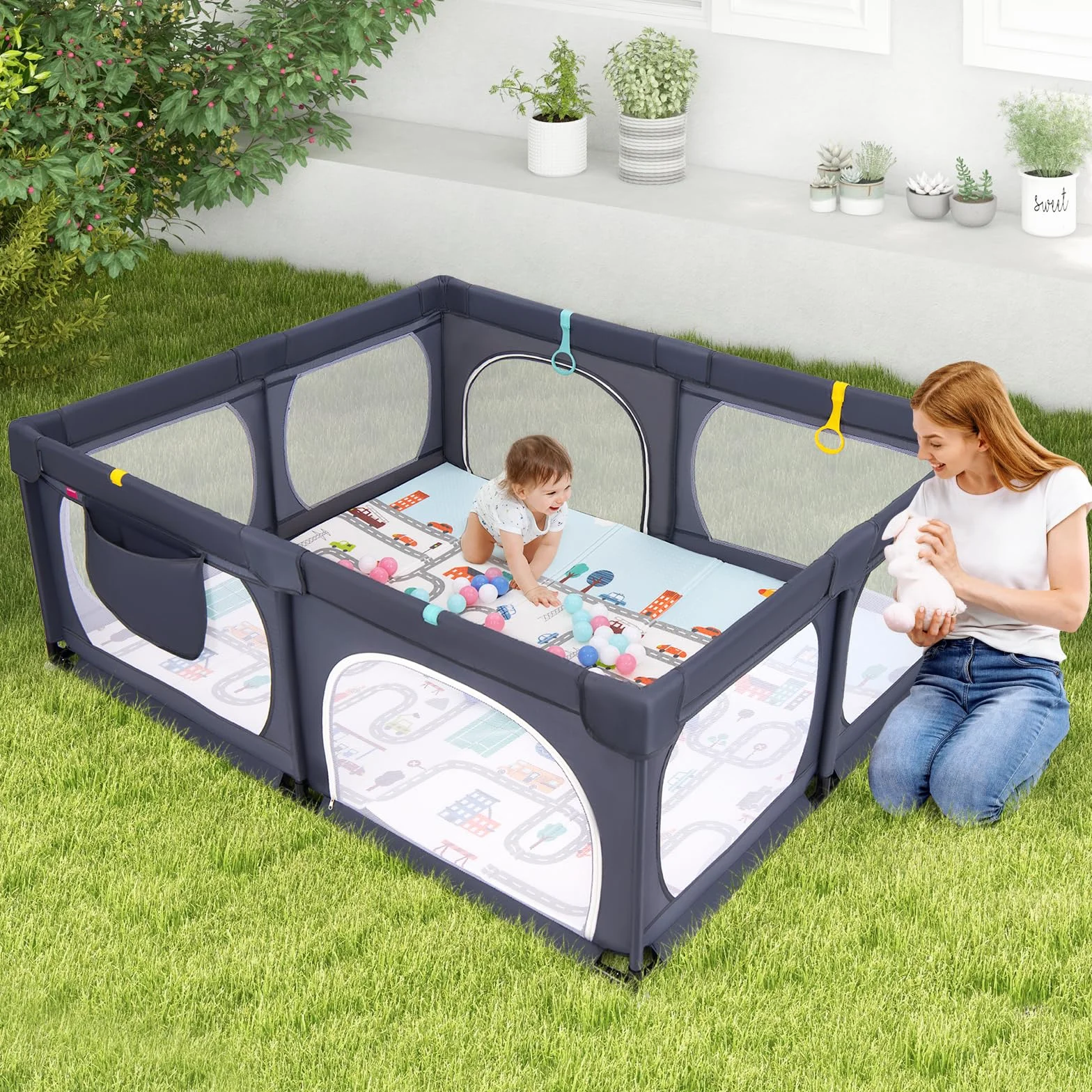 COSTWAY Kojec dla niemowląt składany z materacem 189 x 158 cm, kojec dla dzieci z 50 piłkami do zabawy i 4 uchwytami, kojec do raczkowania, namiot z oddychającą siatką dla małych dzieci (ciemnoszary)