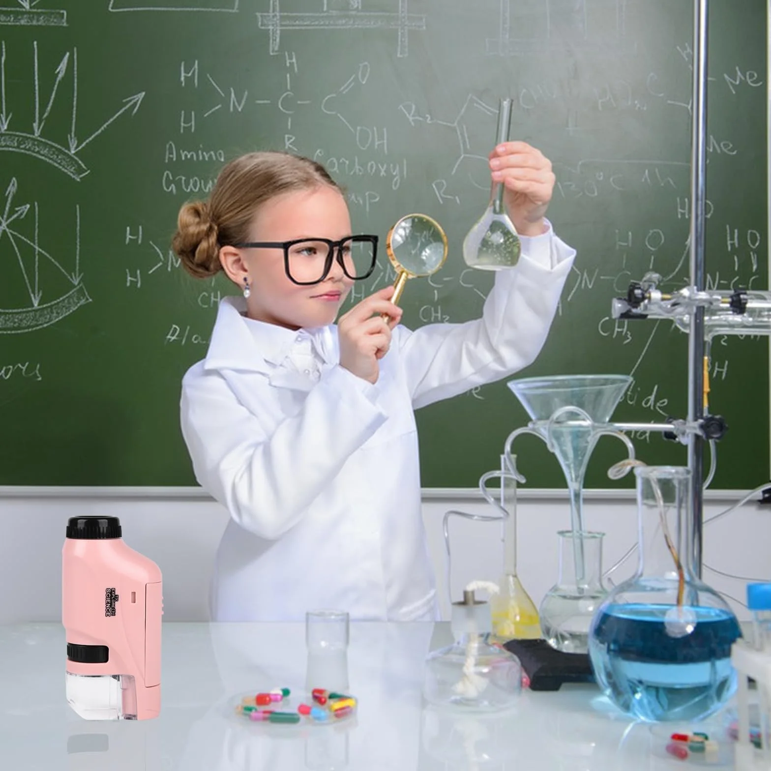 Gukasxi Przenośny mikroskop dla dzieci, 60X-120x, kieszonkowy, mini mikroskop ze światłem LED, zabawka edukacyjna o wysokiej rozdzielczości, do przedszkola, domu, nauki, różowy