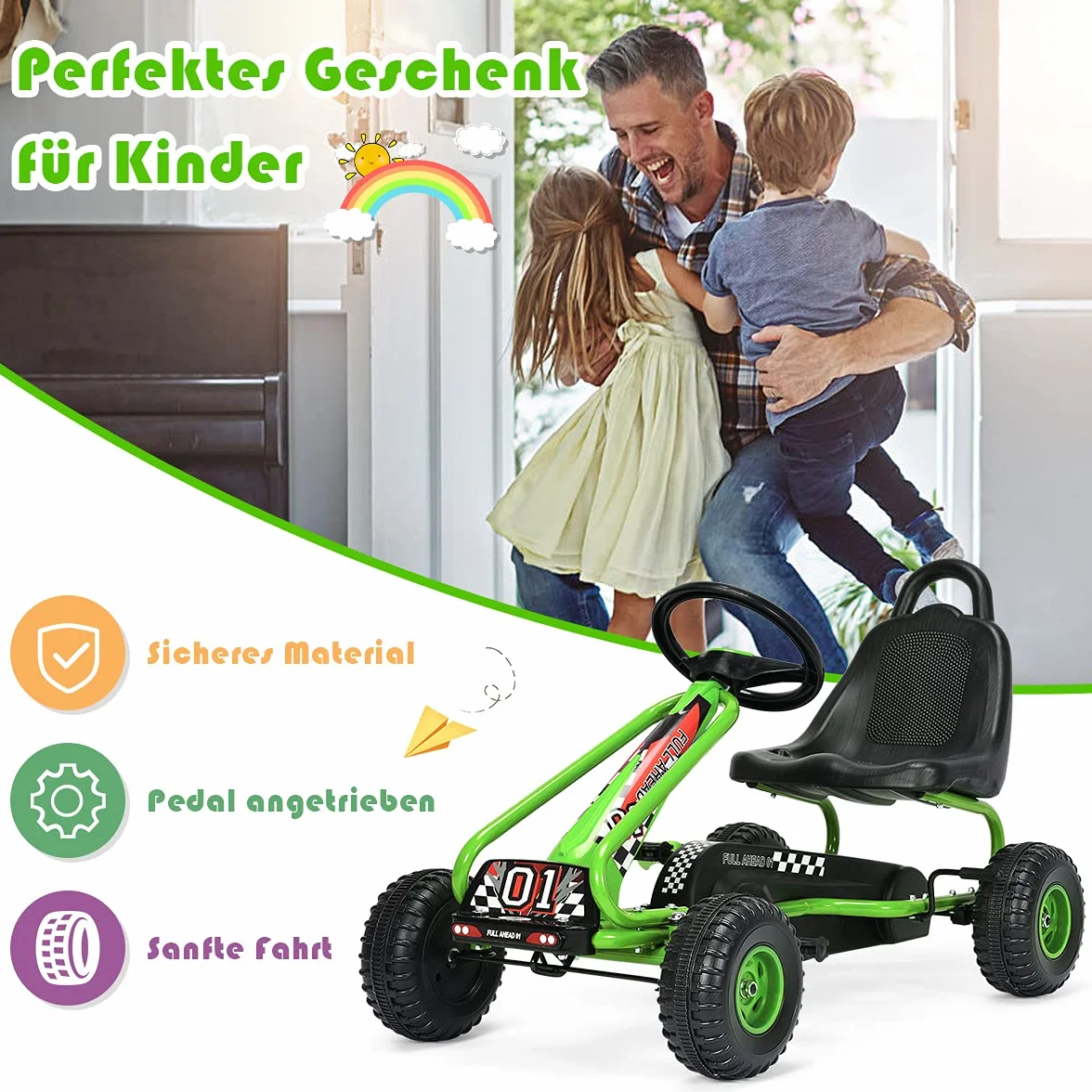 COSTWAY Gokart z regulowanym siedziskiem, hamulec ręczny, obciążenie 30 kg, dla dzieci od 3 lat (zielony)