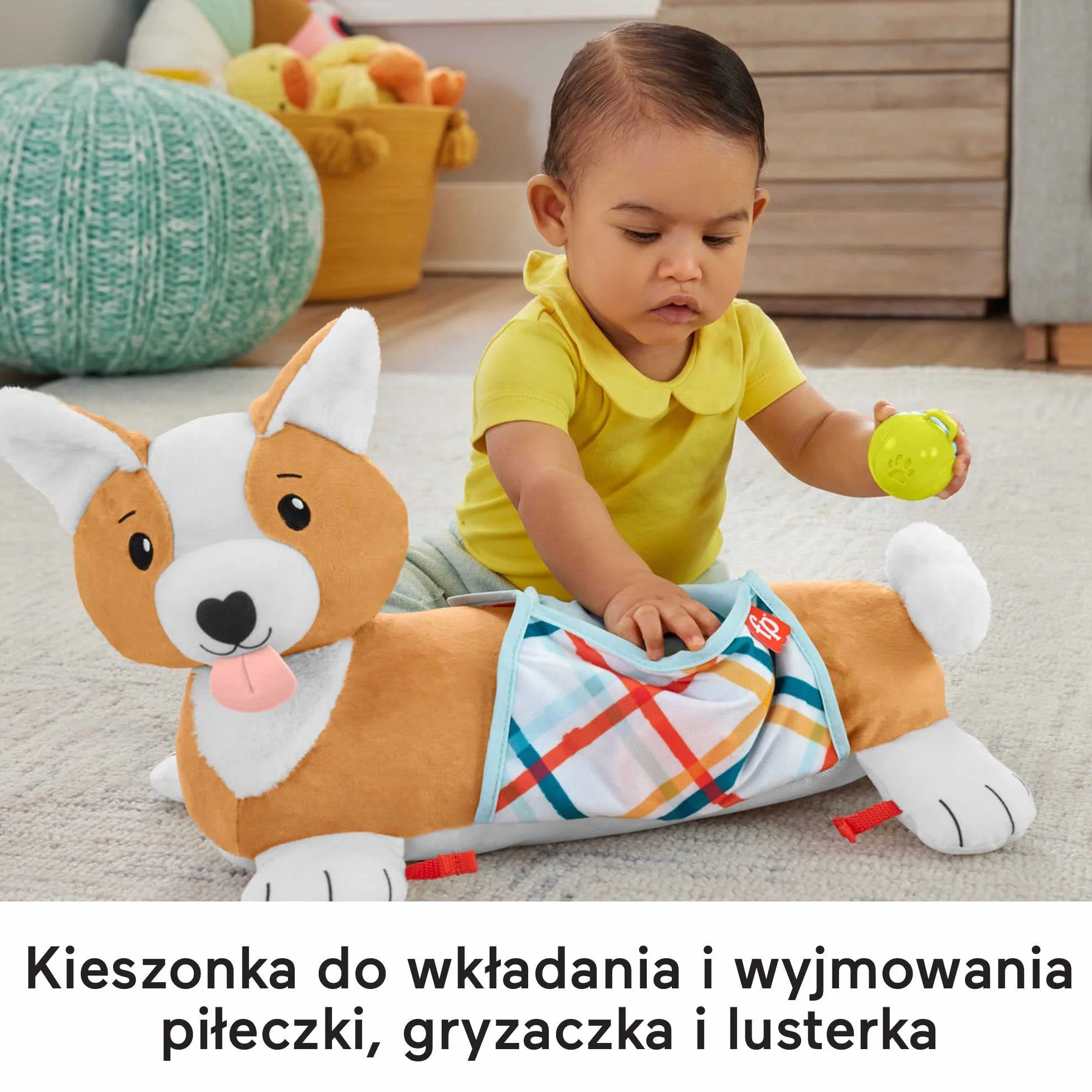 Fisher-Price Piesek 3 w 1 Poduszeczka pod brzuszek z grzechotką, gryzaczkiem bez bisfenolu A i lusterkiem, HJW10