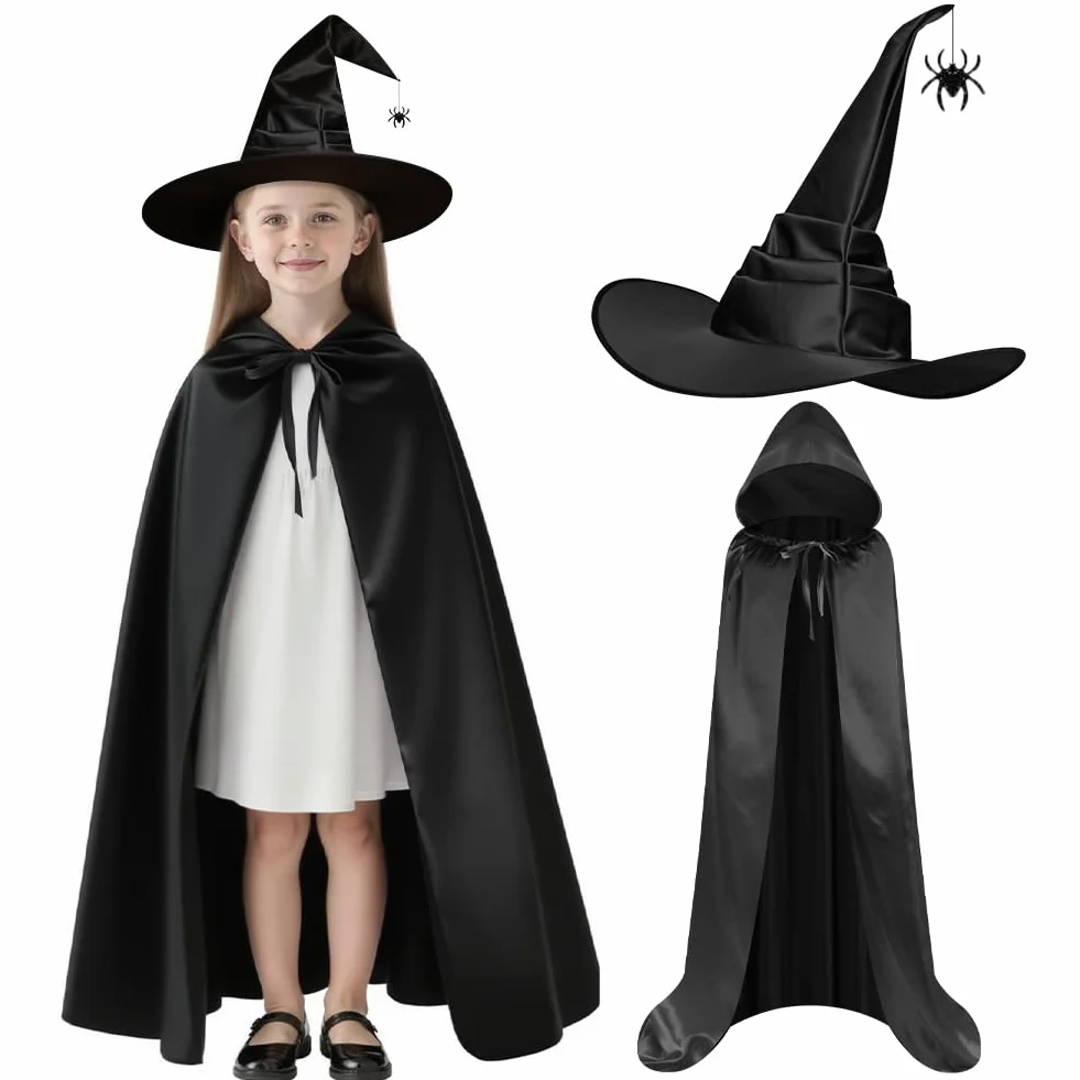 AUYAO Kostium czarownicy, damski kostium czarownicy, kompletny zestaw z peleryną z kapturem/kapeluszem pająka, peleryna na Halloween, kostium dla dorosłych, kobiet i mężczyzn, na Halloween, karnawał