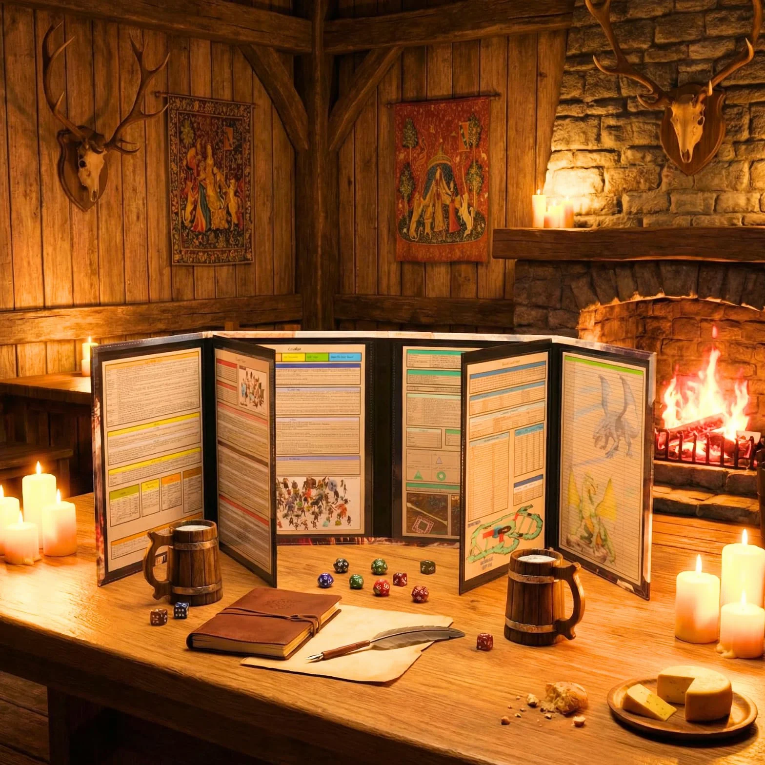 DND 5e DM ekran 8-panelowy sztuczna skóra deluxe z kołyszącymi się kieszeniami na mokro i Dungeon Master Cheat Sheets Dungeons and Dragons GM Terrain Accessories D&D prezent dla mistrzów gier TTRPG