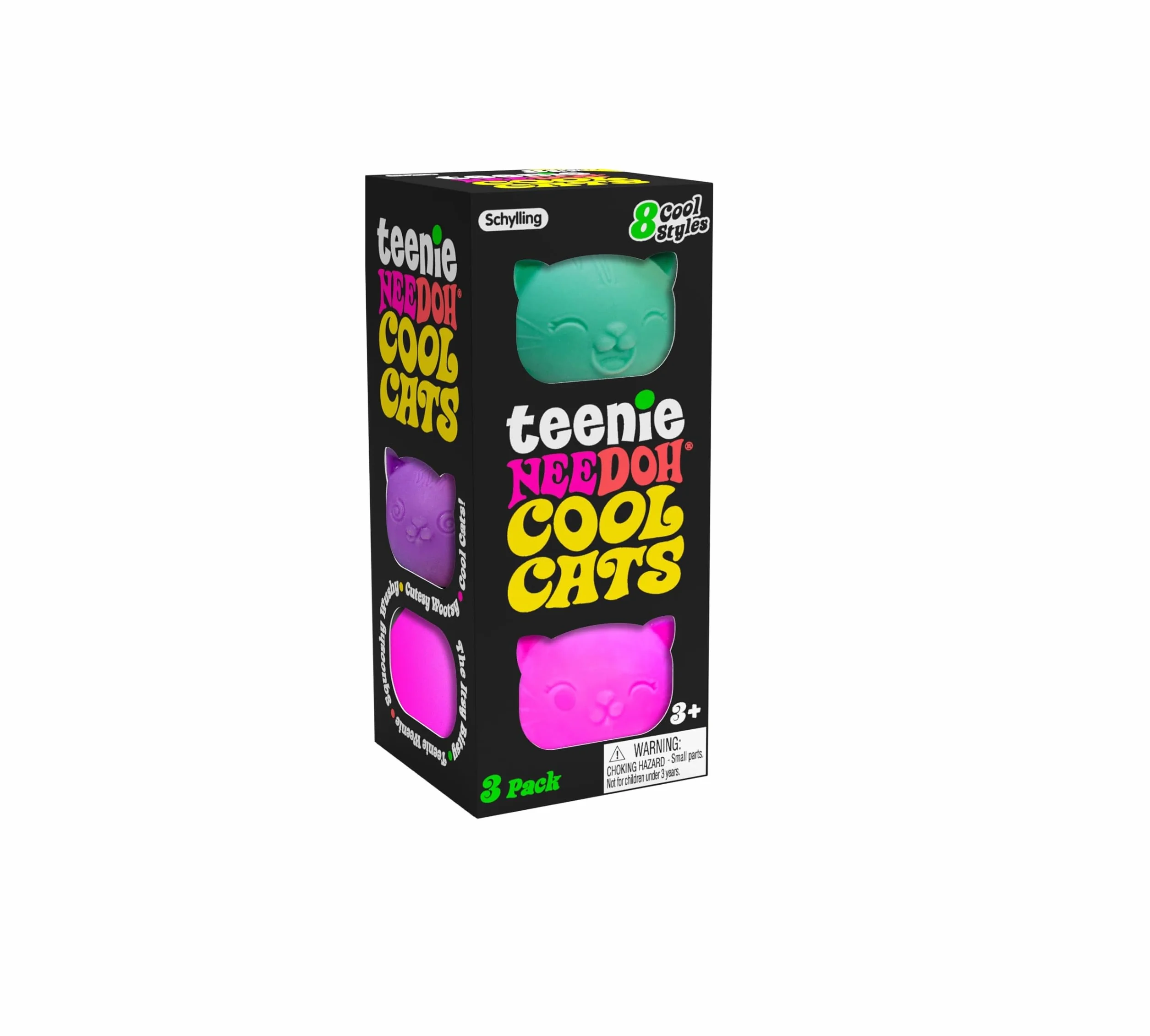 Schylling Teenie NeeDoh Cool Cats (3 Pack) - Mini Squishy Animals Fidget Toys, 8 Assorted Colours & Styles, Nee Doh Stress Balls For Anxiety Relief, Safe & Non-Toxic Dough; 3 Year Olds +