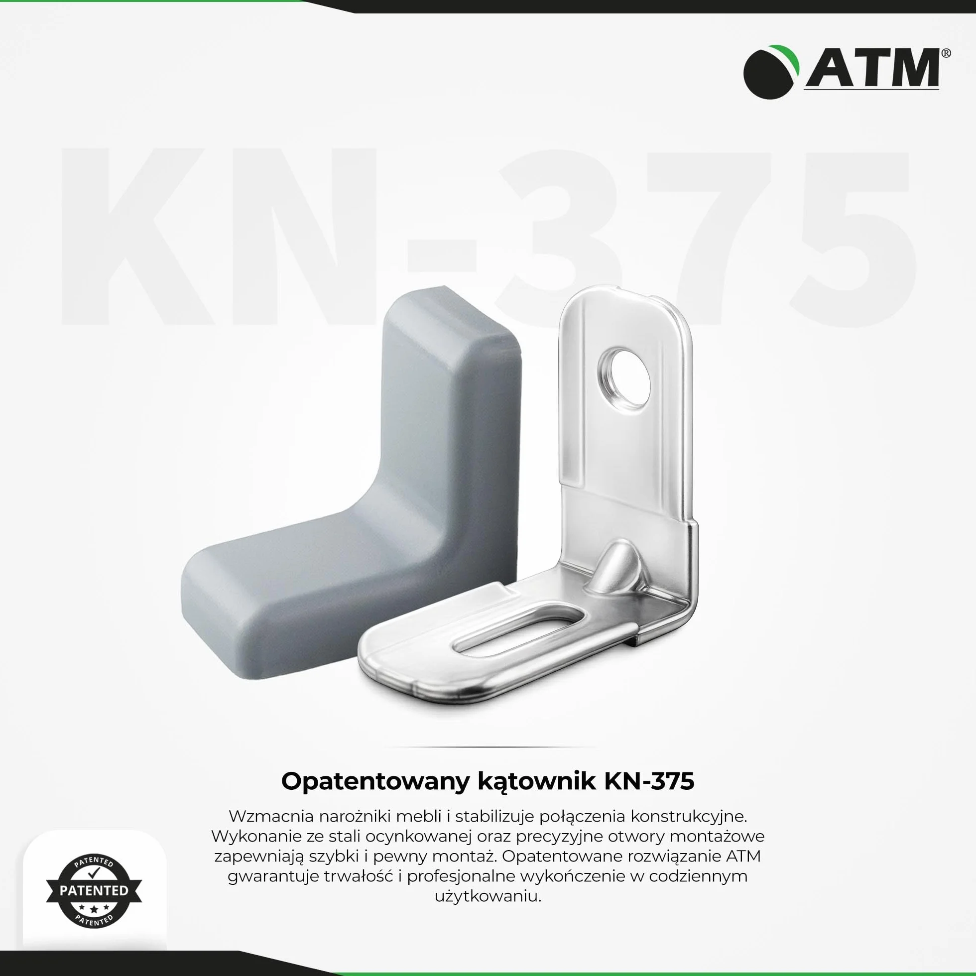 ATM Kątownik meblowy z osłoną w kolorze Popiel – Meblowy łącznik narożny z ocynkowanej stali, metalowy kątownik 90° do naprawy i wzmocnienia szafy, regału, półki, stołu, krzesła, łóżka – 20 sztuk