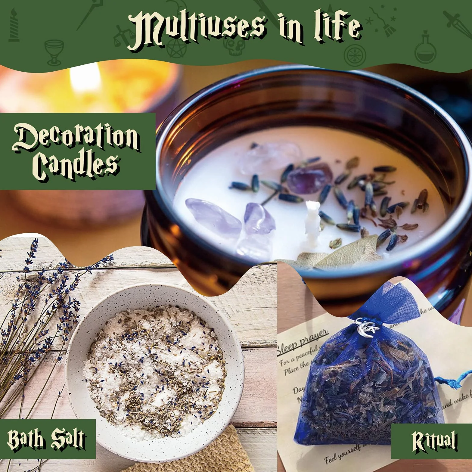 Hexenbastel-Starter-Set 63-teilig Kristalle Kräuter Zauberkerzen Charmtüten Ritual Hexensalz für Wicca-Altar