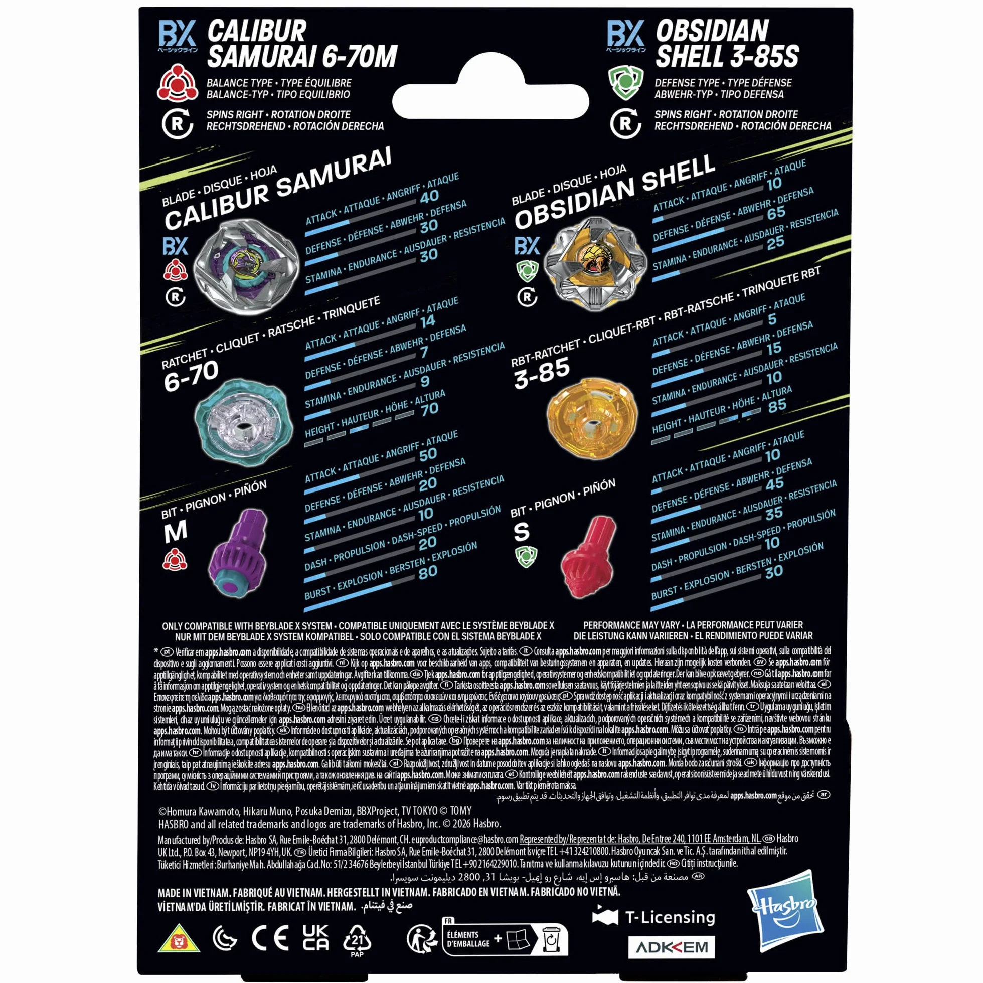 Dwupak bączków Beyblade X Calibur Samurai 6-70M BX i Obsidian Shell 3-85S BX