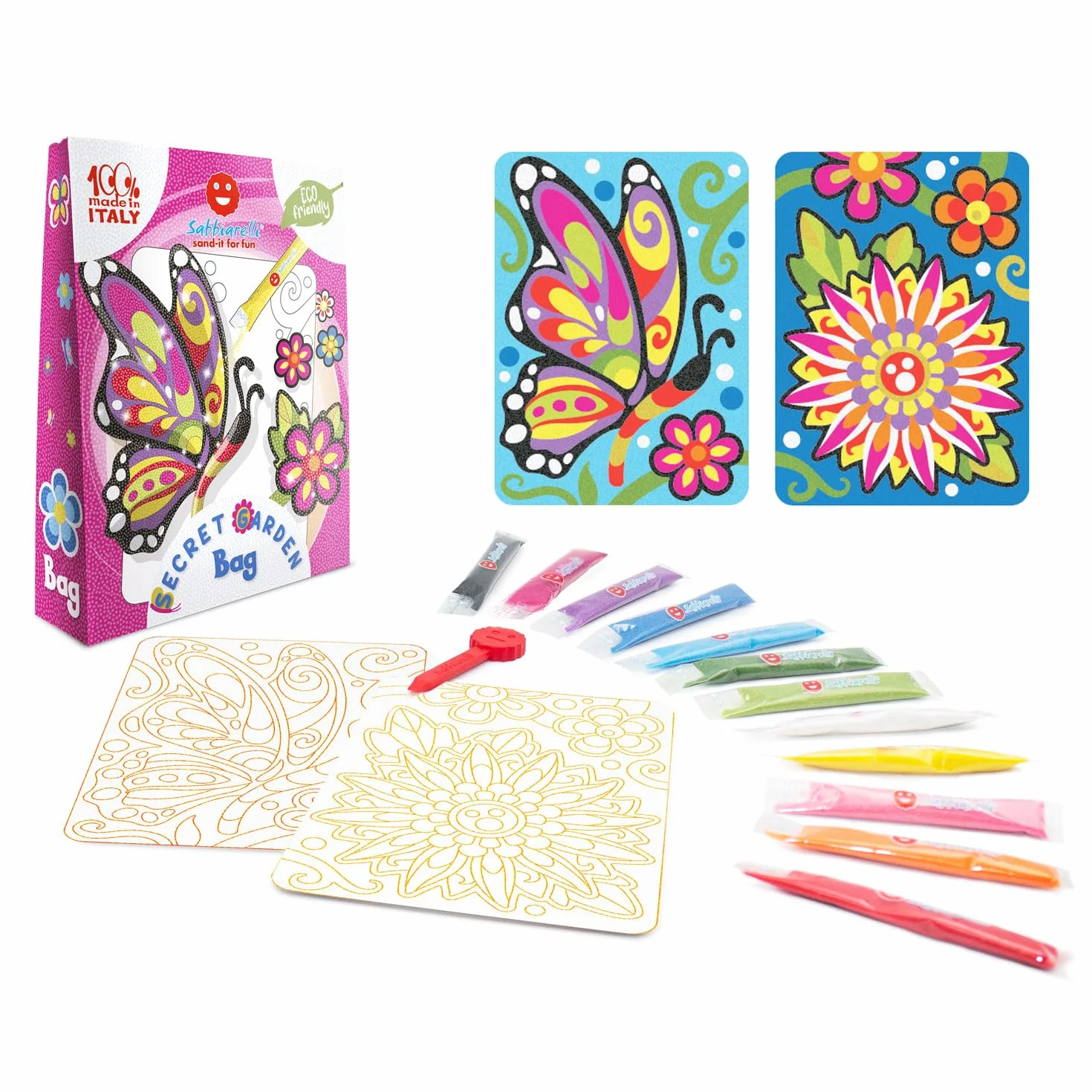 Sabbiarelli Sand-it For Fun Bag Secret Garden Mini Kit Sand Art z Kwiatem i Motylem 100% Made in Italy Kolorowy Piasek Rysunki Samoprzylepne Hobby 10+