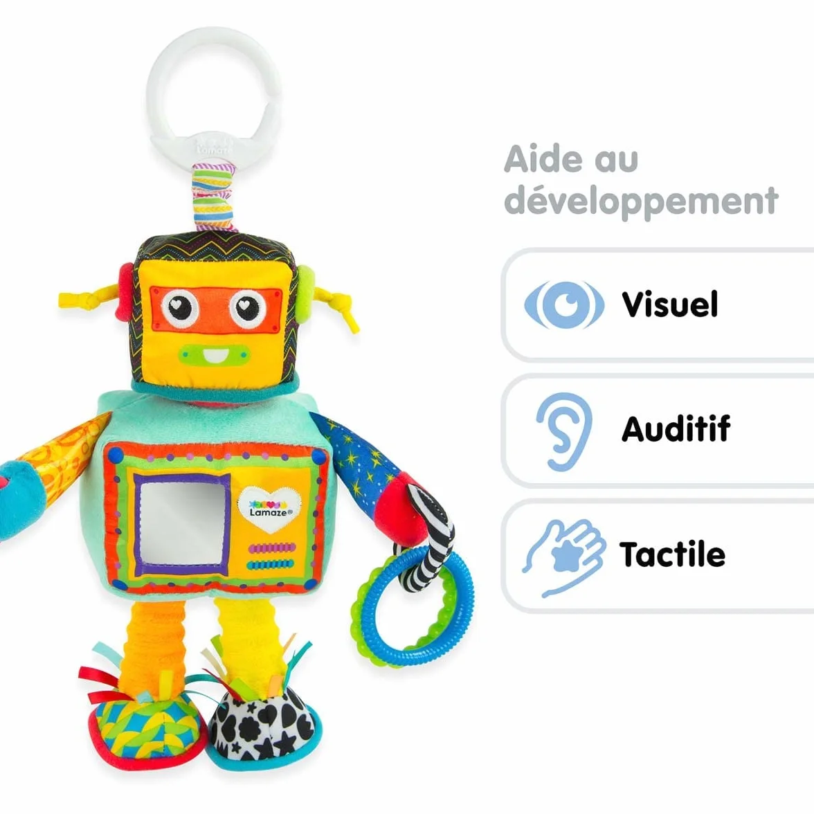 LAMAZE Rusty the Robot, klips na wózek dziecięcy i wózek dziecięcy, zabawka sensoryczna dla niemowląt, chłopców i dziewcząt od 0 do 6 miesięcy