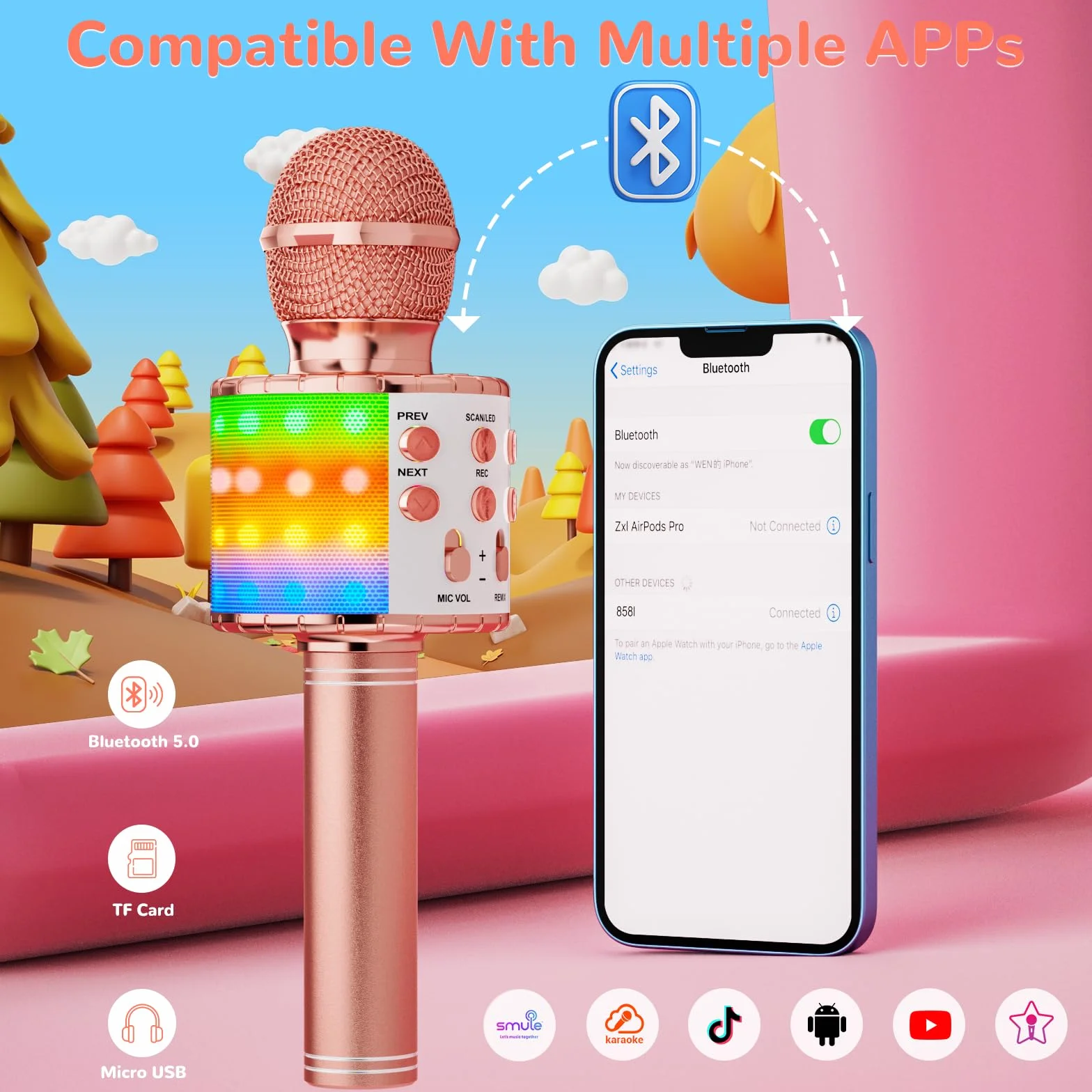 Ankuka Bezprzewodowy Mikrofon Karaoke 4w1 Bluetooth Głośnik z Światłami LED