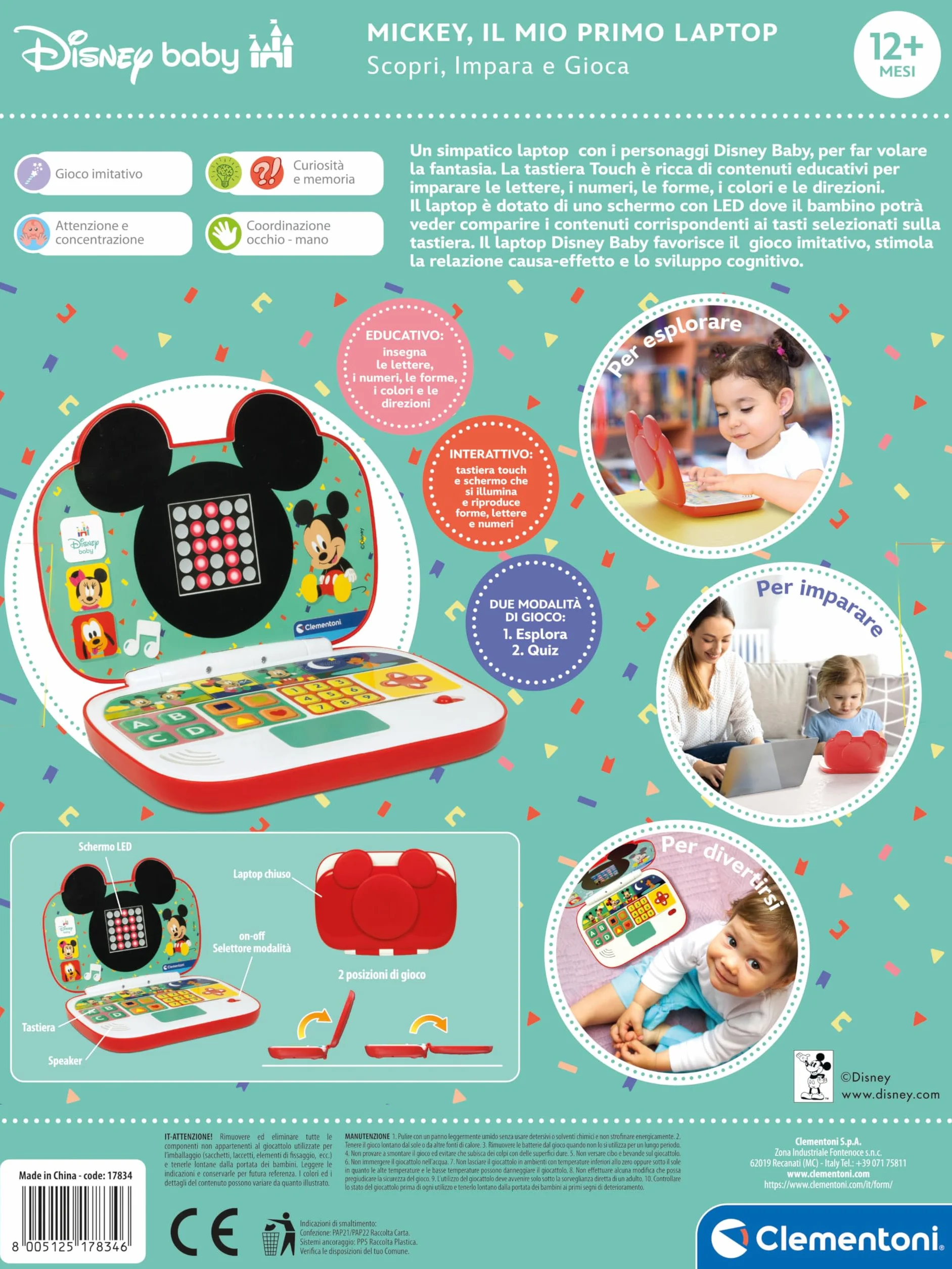 Clementoni - Disney Baby Mickey-Il Mio Primo Laptop, elektroniczny komputer edukacyjny, przenośny, litera i cyfry, dla dzieci od 9 miesięcy, włoski, 17834